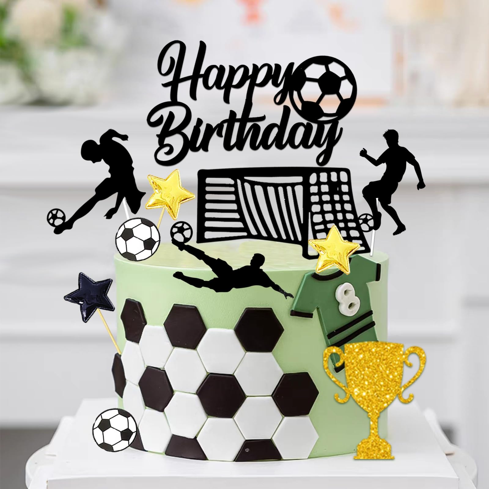 Luckeey Voetbal Taartdecoratie – 28 Delig, Met Happy Birthday Topper, Ballon, Sterren & Voetbalthema Figuren, Van Karton En PVC, Herbruikbaar, Voor Kinderfeestjes & Voetbalthema