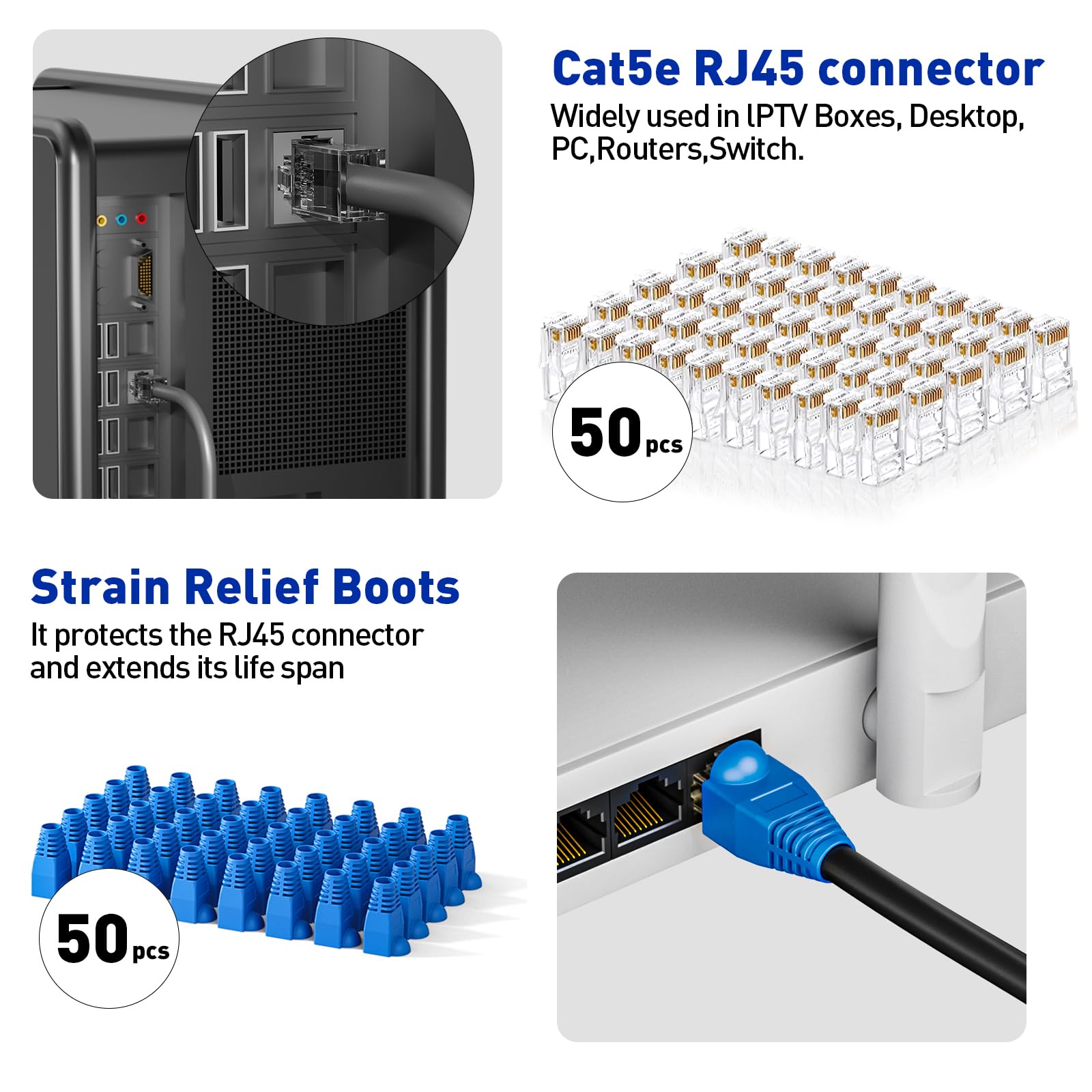 RJ45 Crimpzange Ethernet Crimper Tool Kit Cat 6 Cat 5E Cat 5 Crimpzange mit Netzwerkkabeltester, Drahtschneiderzange, Mini Kabelabisolierzange, 50 Stück Cat 5E Stecker und