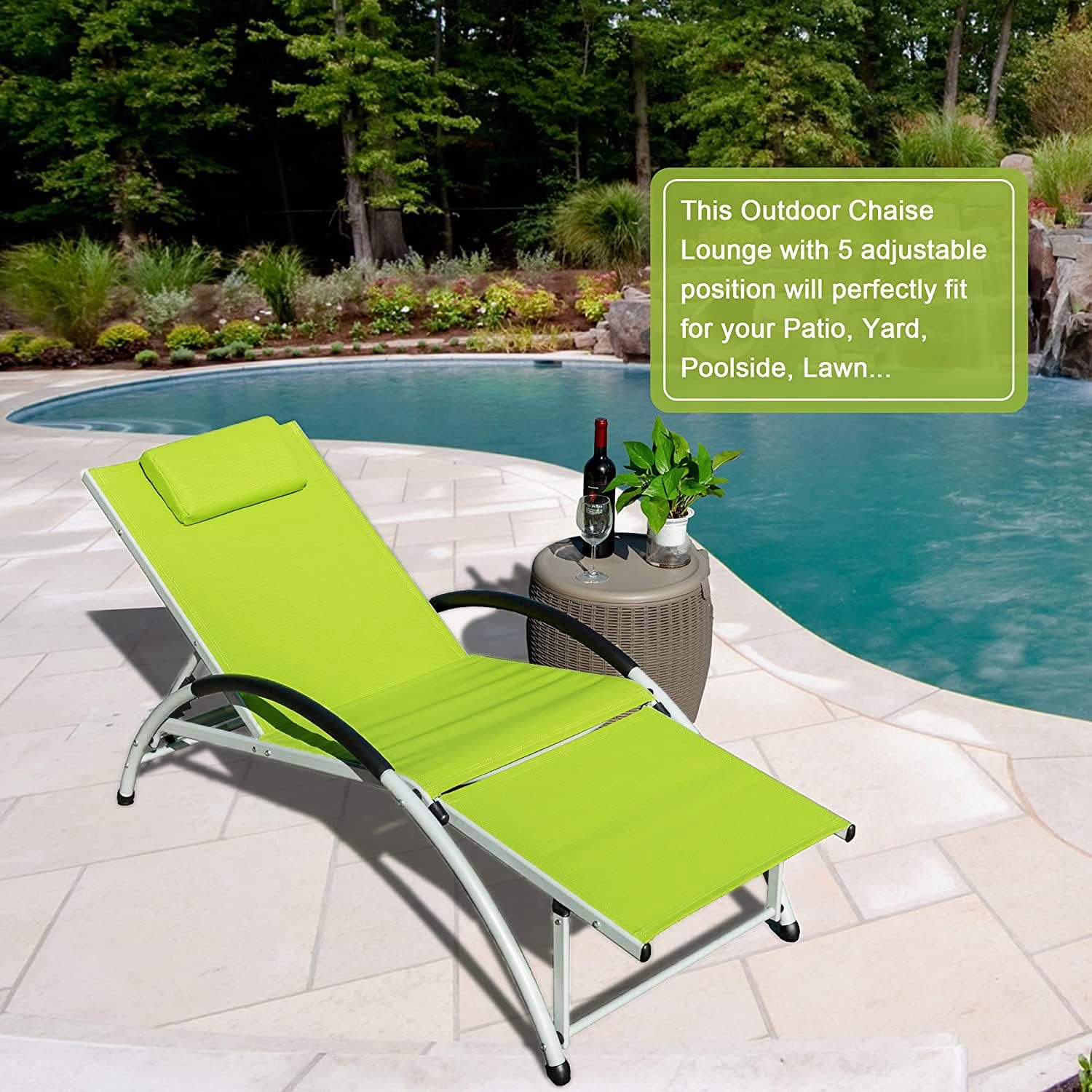 Sundale Outdoor Adjustable Patio Chaise Lounge, 6 Position Lounge Chair, All Weather Outdoor/Indoor Lounge for Reading, Meditation, Sleeping, Exercising, Green