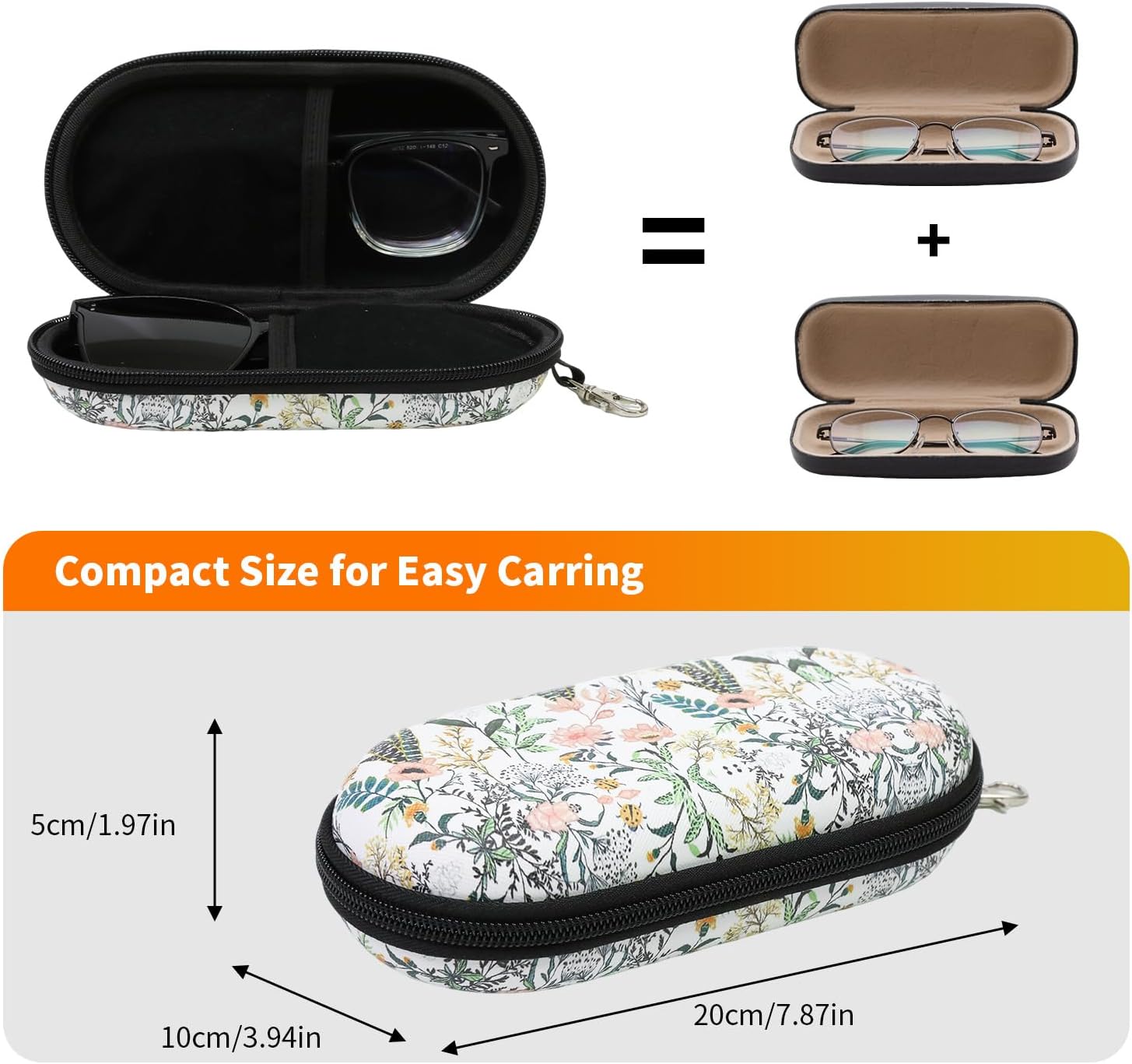 Double Eyeglasses Case, Hard Shell Dual Sunglasses Organizer with Zipper Clip Travel Glasses Storage for Women Men