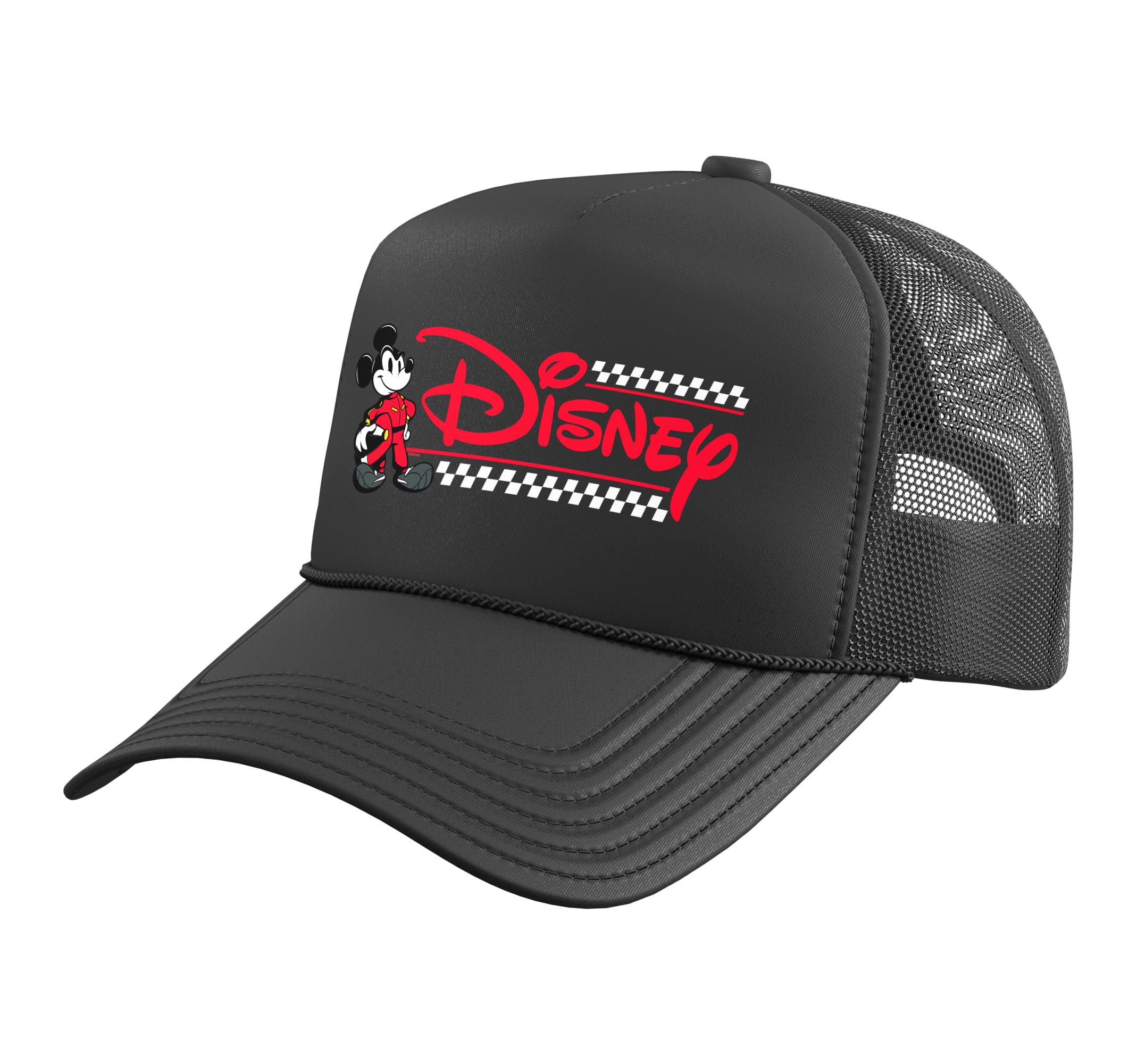 Mickey Mouse Race Car Driver Racing Flag Script Logo Trucker Hat with Adjustable Mesh Back