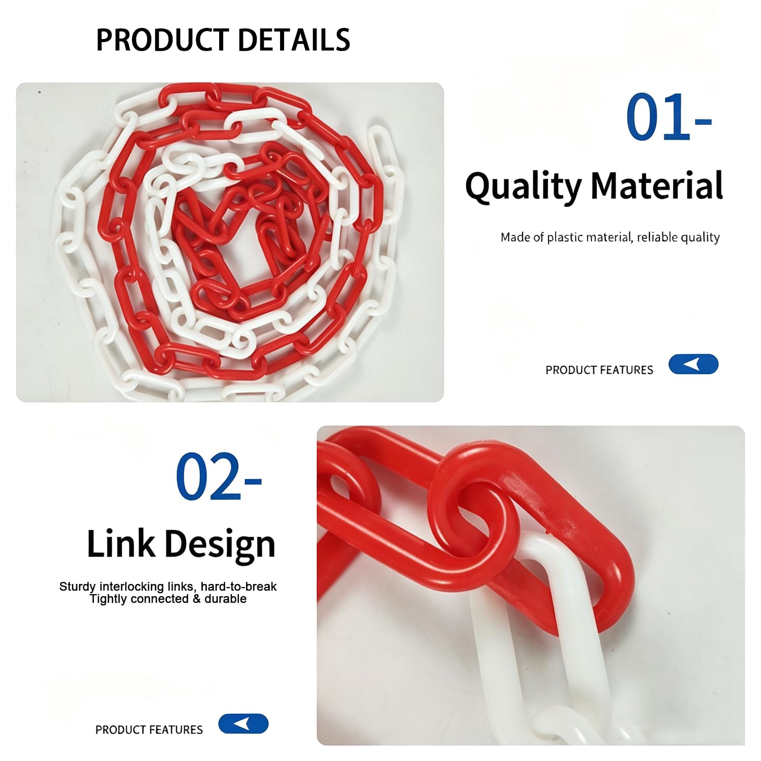 Chaîne De Signalisation En Plastique Rouge Et Blanc,50m Chaîne De Barrière Plastique De 6 Mm d'Épaisseur,Avec 2 Crochets,Pour La Sécurité d'Avertissement, De Parking, De Construction, De Surfaces