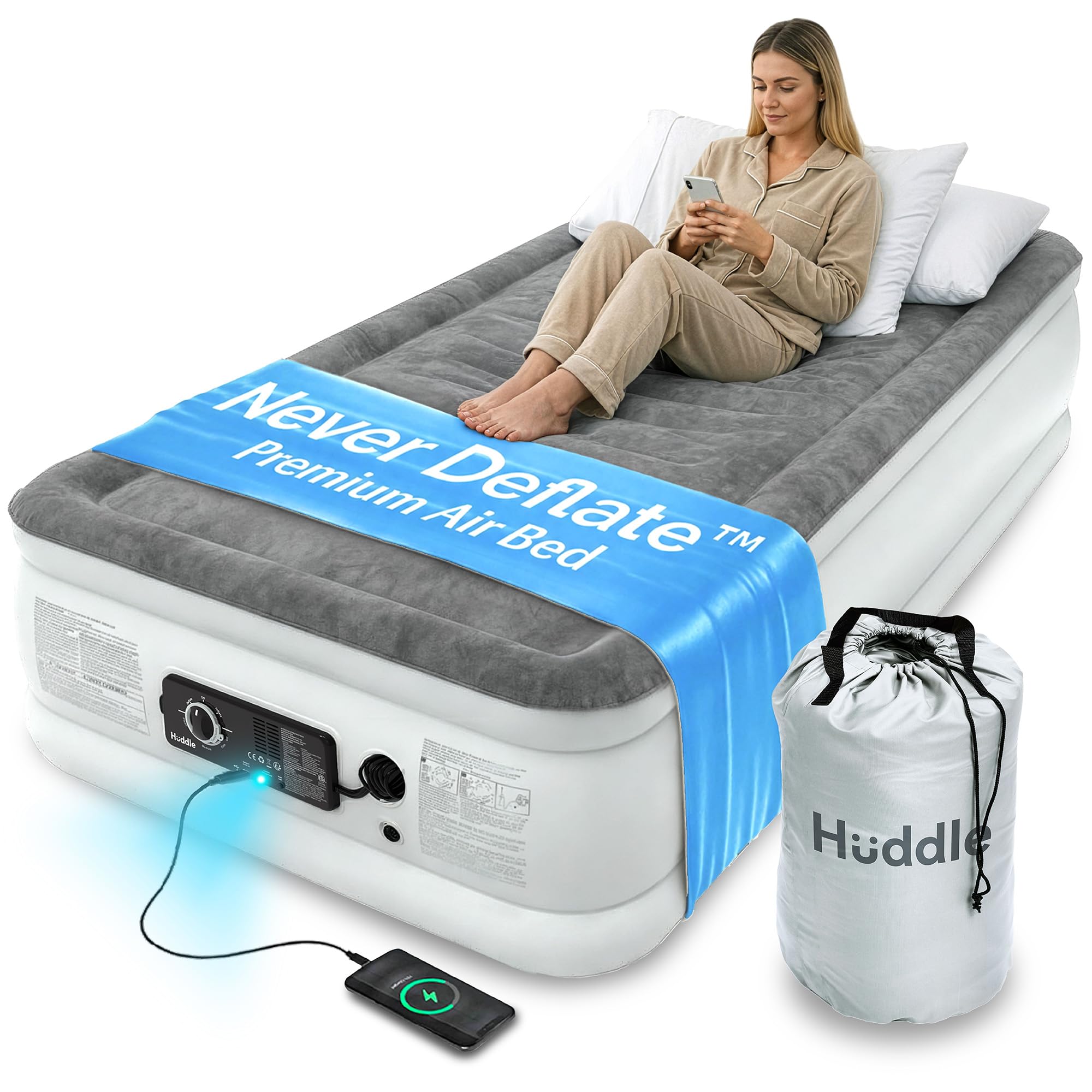 NEVER DEFLATE™ Luxury Air Bed Single with Built In Pump 99 x 185 x 46cm, Good Housekeeping Winner 2026, Self‑Inflating Blow Up Mattress, USB Charging & Nightlight, Inflatable Air Mattress for Guests