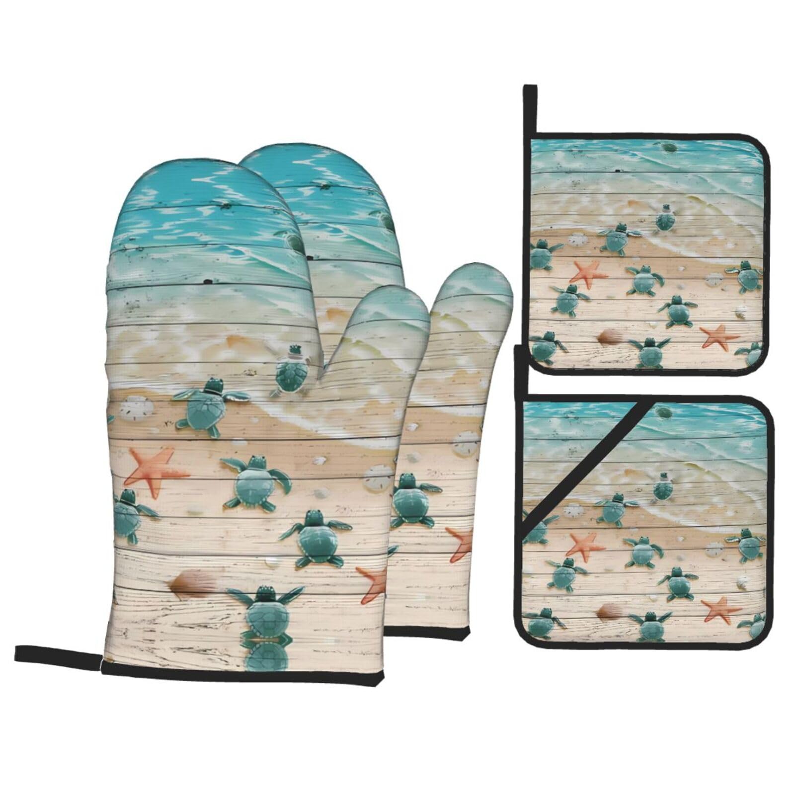 WHJSHOP Sea Turtle Starfish Prints Kitchen Baking Throw Set with Heat Resistance, Waterproof Oven Mitts & Pot Holders for Cooking, Grilling & Handling Hot Dishes