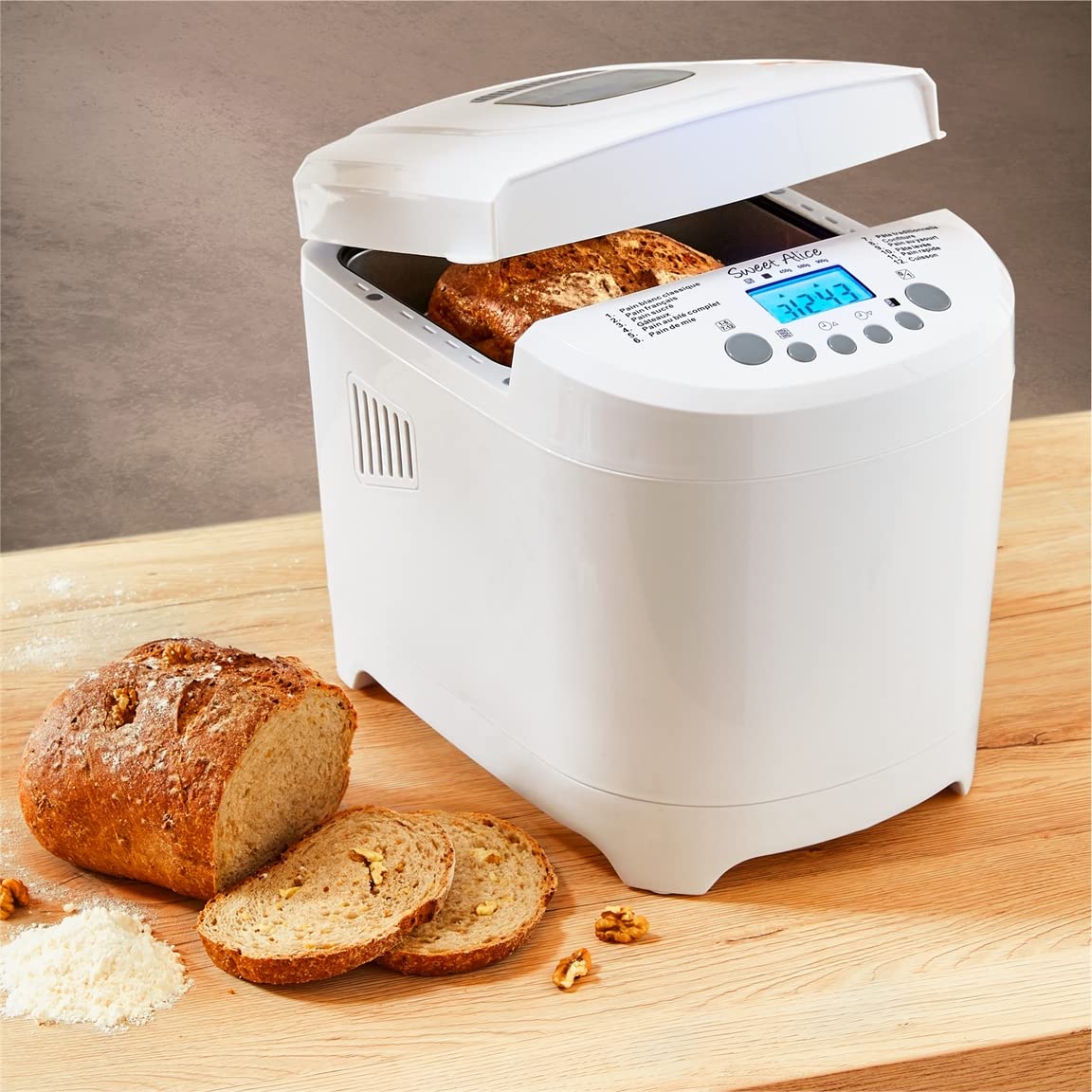 Machine à pain 12 programmes 600W 450g 680g 900g Sans gluten Départ Différé Maintien au chaud Brunissement Pâte Gâteau Confiture Blanc