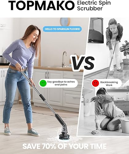 Miniatura 7 de Limpiador giratorio eléctrico, cepillo de limpieza inalámbrico para el hogar, IPX7 impermeable con 7 cabezales de cepillo, mango largo ajustable y 2