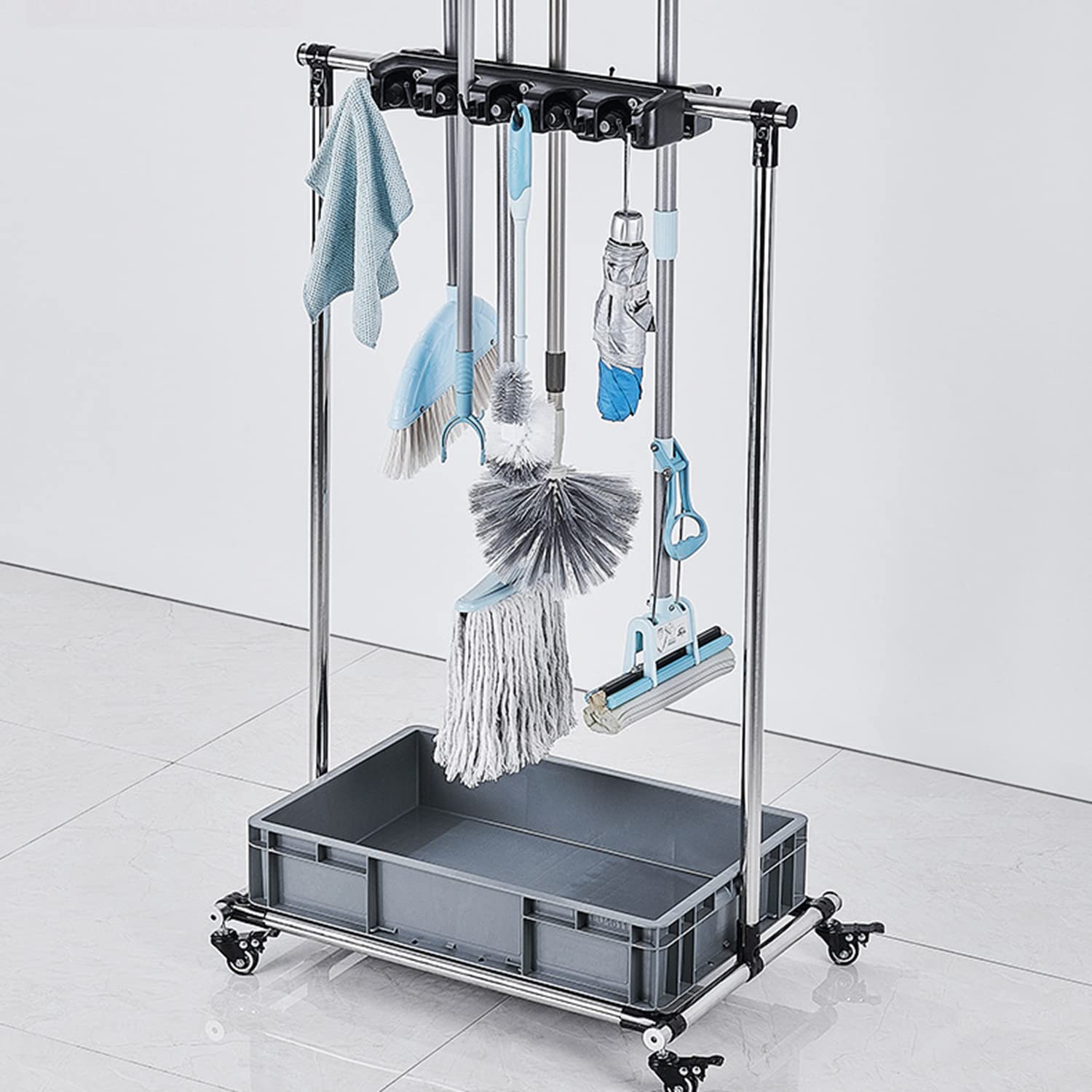 asdchZen Janitorial Cart,Movable Commercial Mop Rack, Broom Mop Drain Hanger Rack With Hooks And Sink Basin, Cleaning Cart Tool Storage, For Property Companies Housekeeping Station,10S,10slots