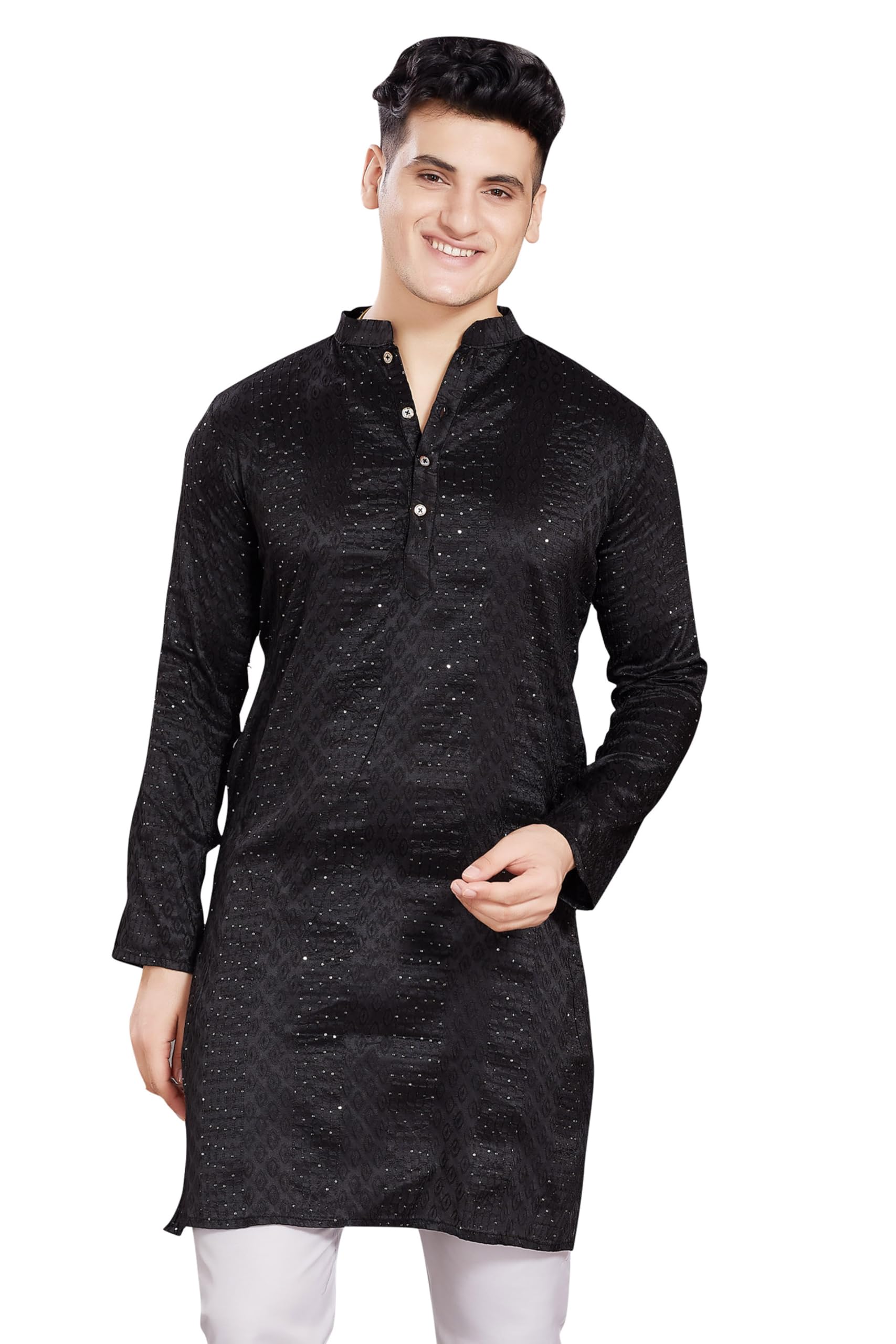 Divisive Men's Jequard Embroidered Art Silk Slim Fit Only Kurta (Dkrt429_M_Black)