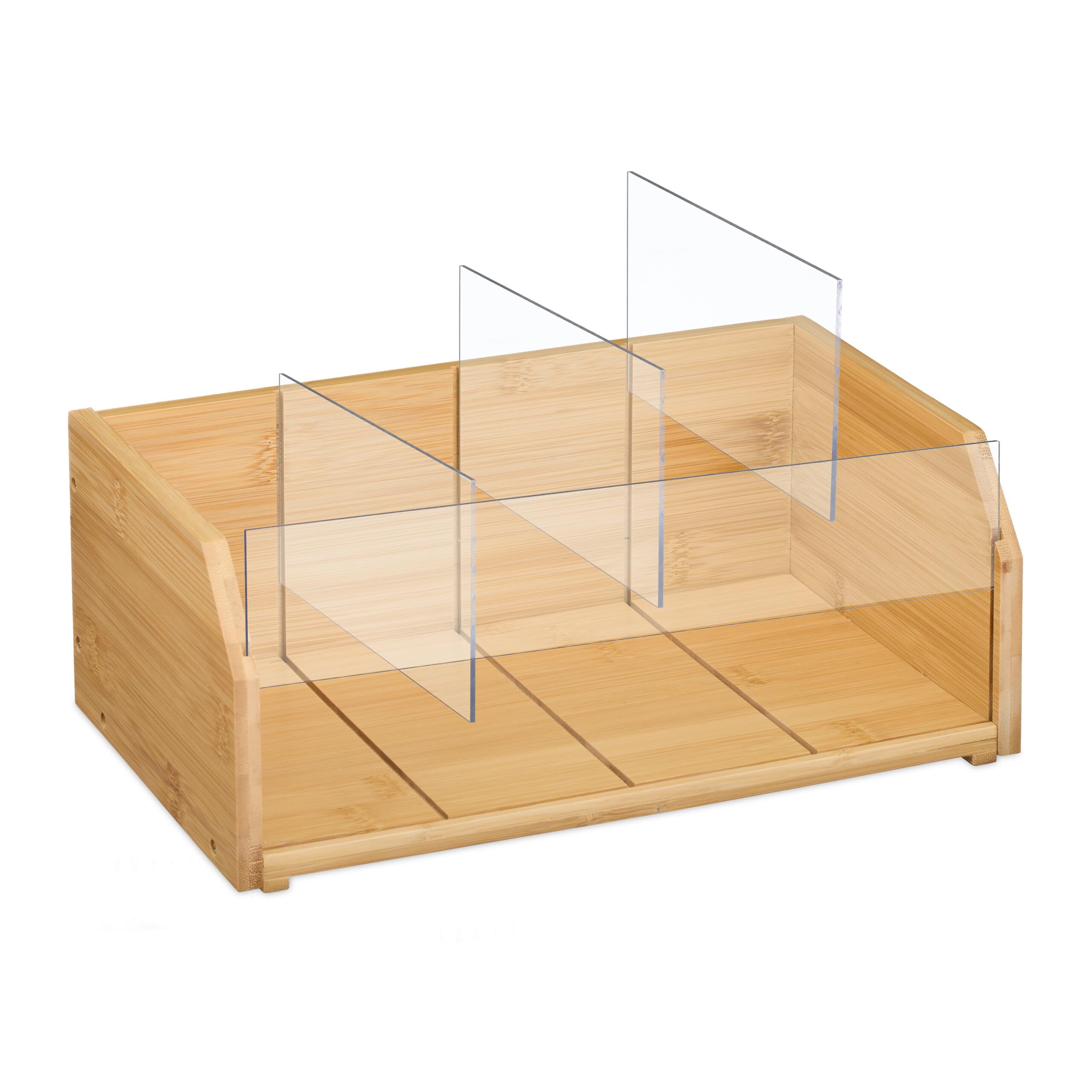 Relaxdays keuken organizer, bamboe, uitschuifbaar, 4 vakjes, HxBxD: 18 x 33 x 15 cm, koffie- en thee-organizer, natuur