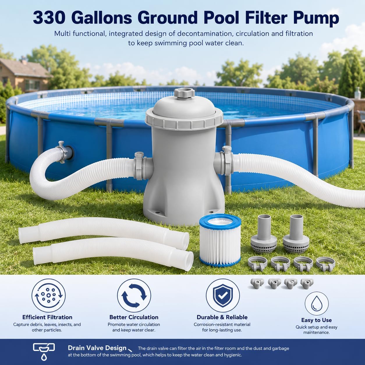 Bomba de Eléctrica Filtro para Piscina Desmontable 330 GPH con Filtro de Cartucho Eléctrico, Depurador Silencioso con Mangueras y Filtro de Repuesto, Kit Completo de Bomba Filtro para Piscina Pequeñas