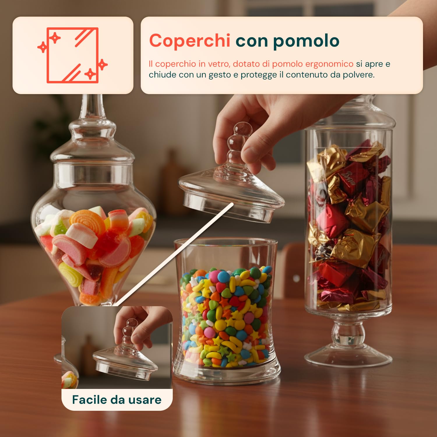 Wintem – Set 3 Contenitori Vetro con Coperchio Ermetico Trasparente per Alimenti, Ideali per Cucina, Dispensa e Buffet, Capacità Variabile Facili da Usare e dal Design Elegante