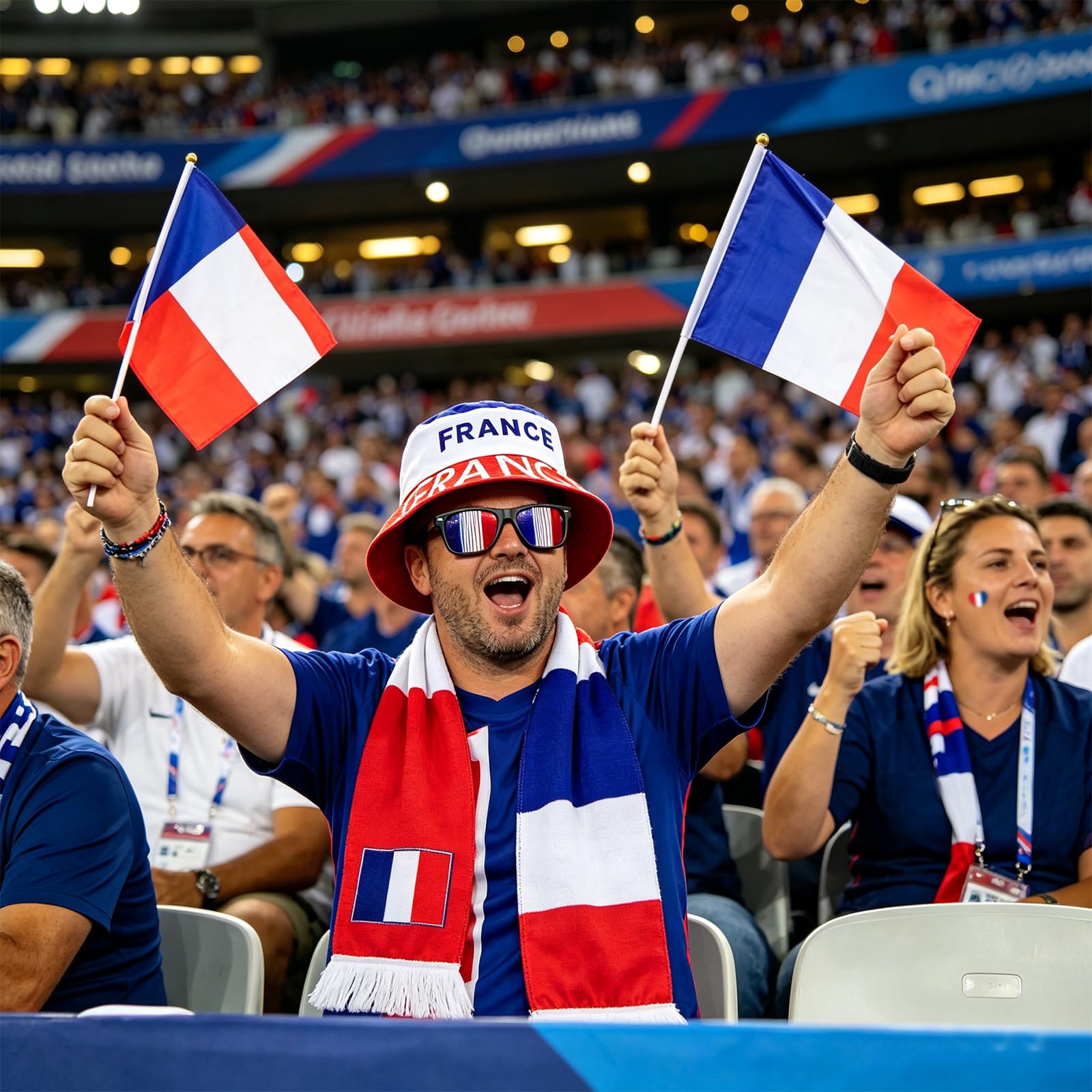 Kit Supporter France 7 Pièces, Football Accessoire Chapeau avec Lunettes, Drapeaux et Tatouages pour la Coupe du Monde 2026, Idéal Lors des Soirées de Match pour Garçons et Filles