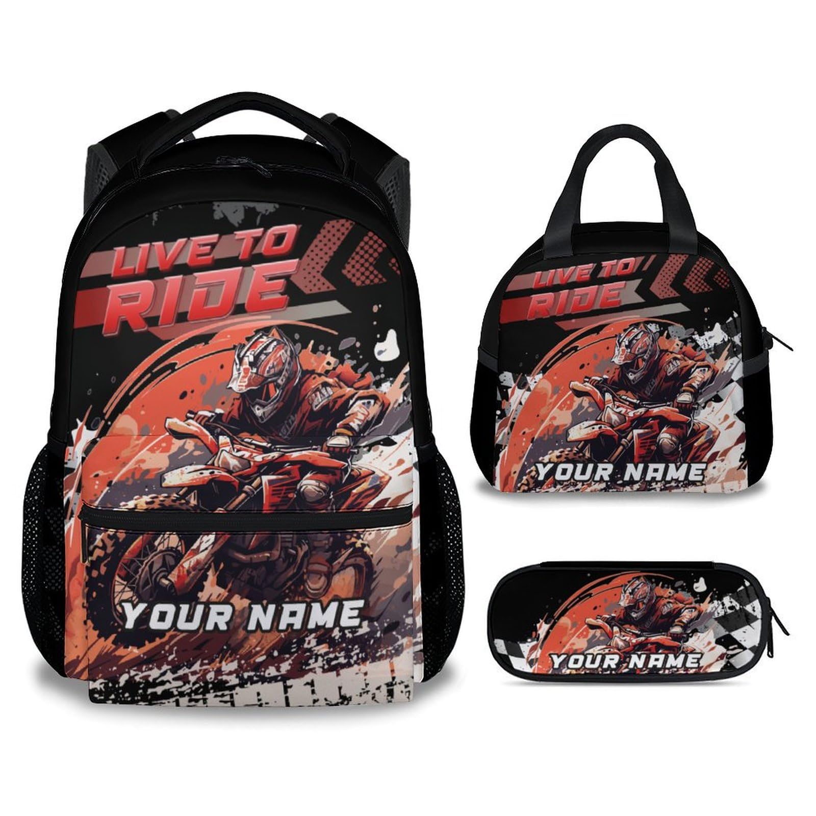 NICEFORNICE Personalized Kids Backpack with Lunch Box, 3PCS Motorcycle School Backpacks Matching Combo for Boys, Cool Black Bookbag and Pencil Pouch