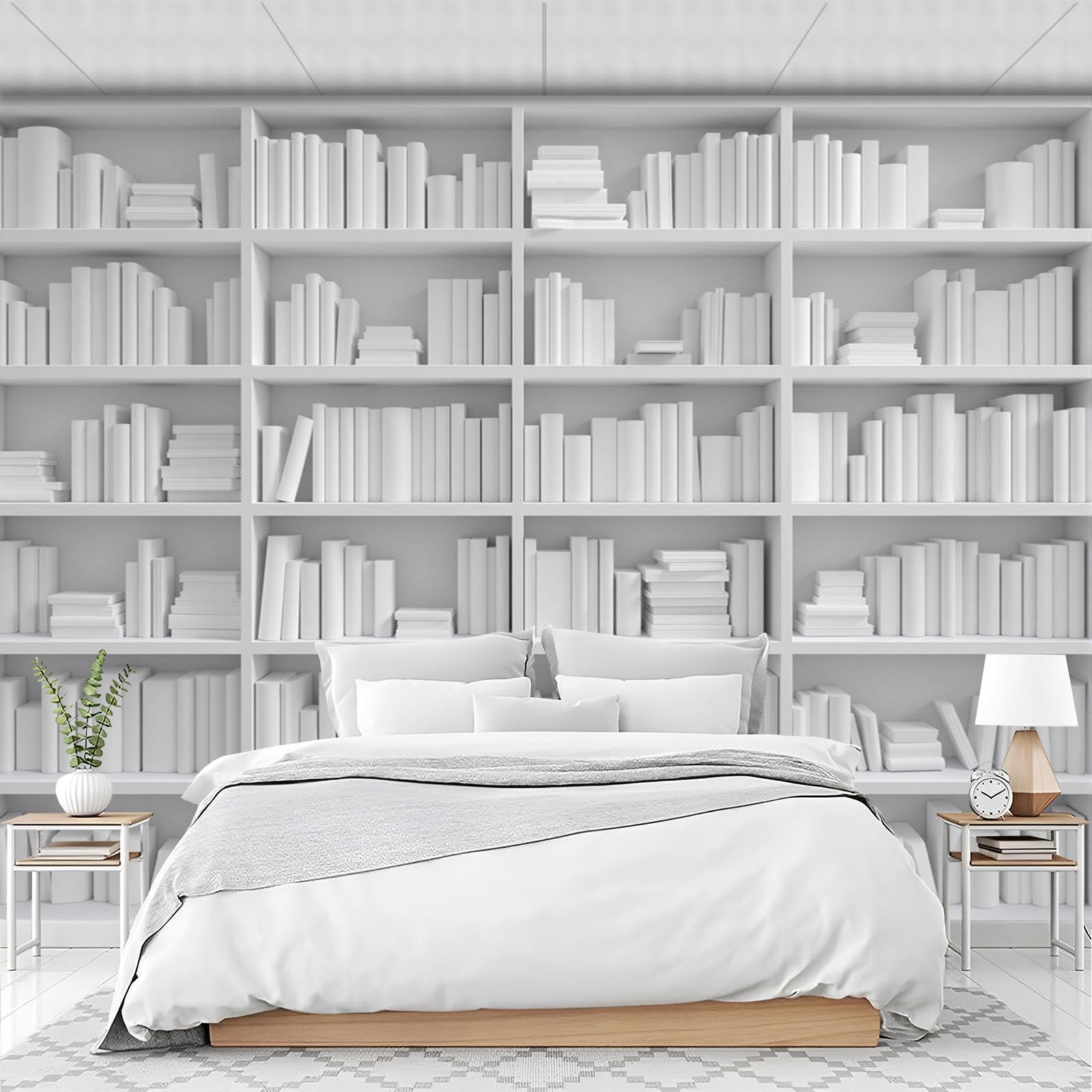 Fototapete Bücher Bücherregale, 3D Tapete Minimalismus, Tapete Dekoration Schlafzimmer Wohnzimmer Büro Flur Fototapete Dekoration Study Zimmer Restaurant, 300x210cm, Weiß