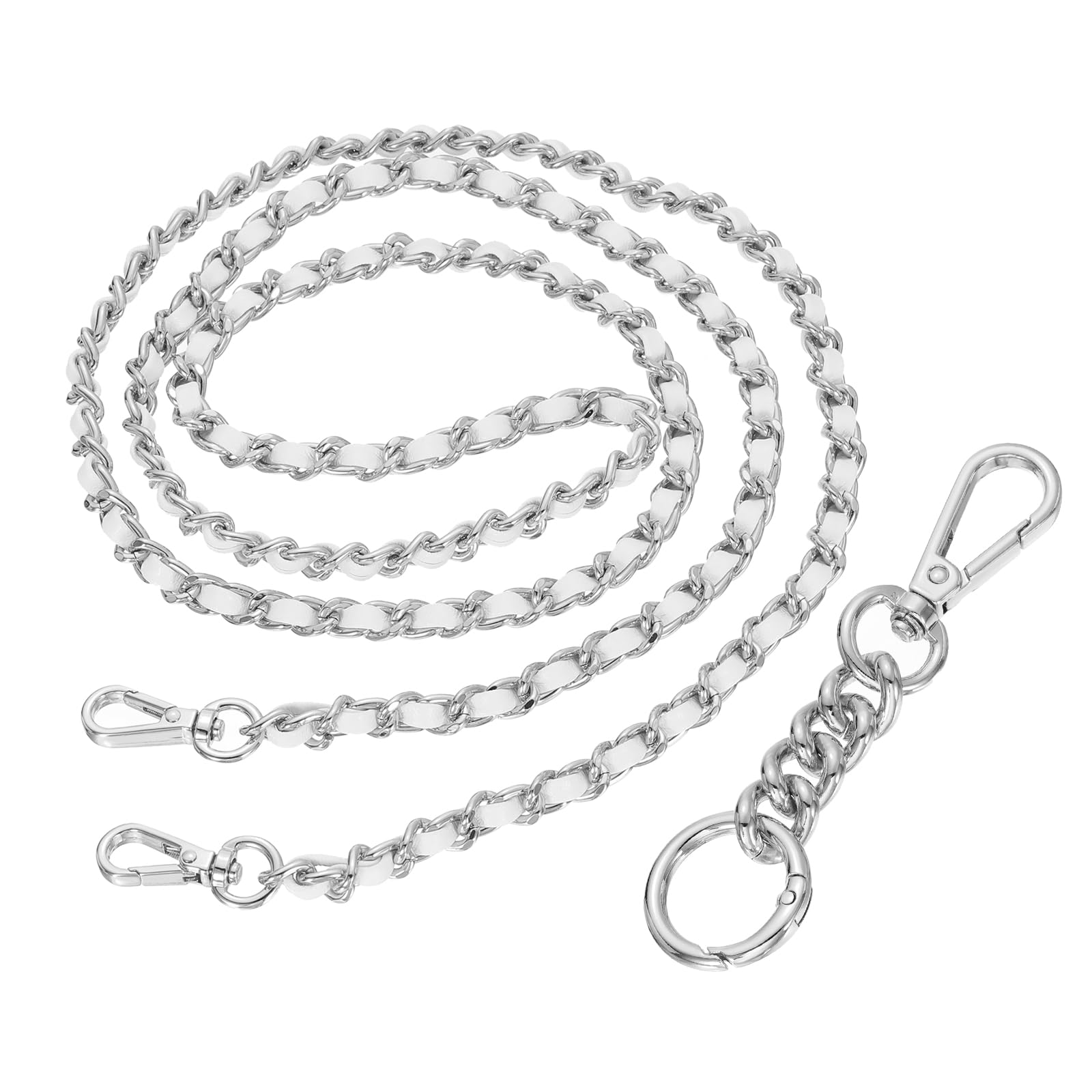 sourcing map Purse Chain Strap, 47.2 Inch PU Leather Purse Straps Replacement Crossbody Flat Woven Handbag Strap with Extended Chain for Shoulder Crossbody Clutch, Silver/White