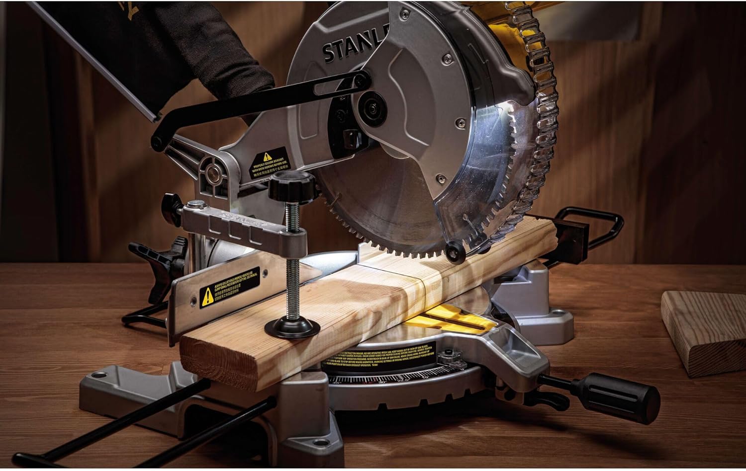 Close-up of a miter saw making a cut