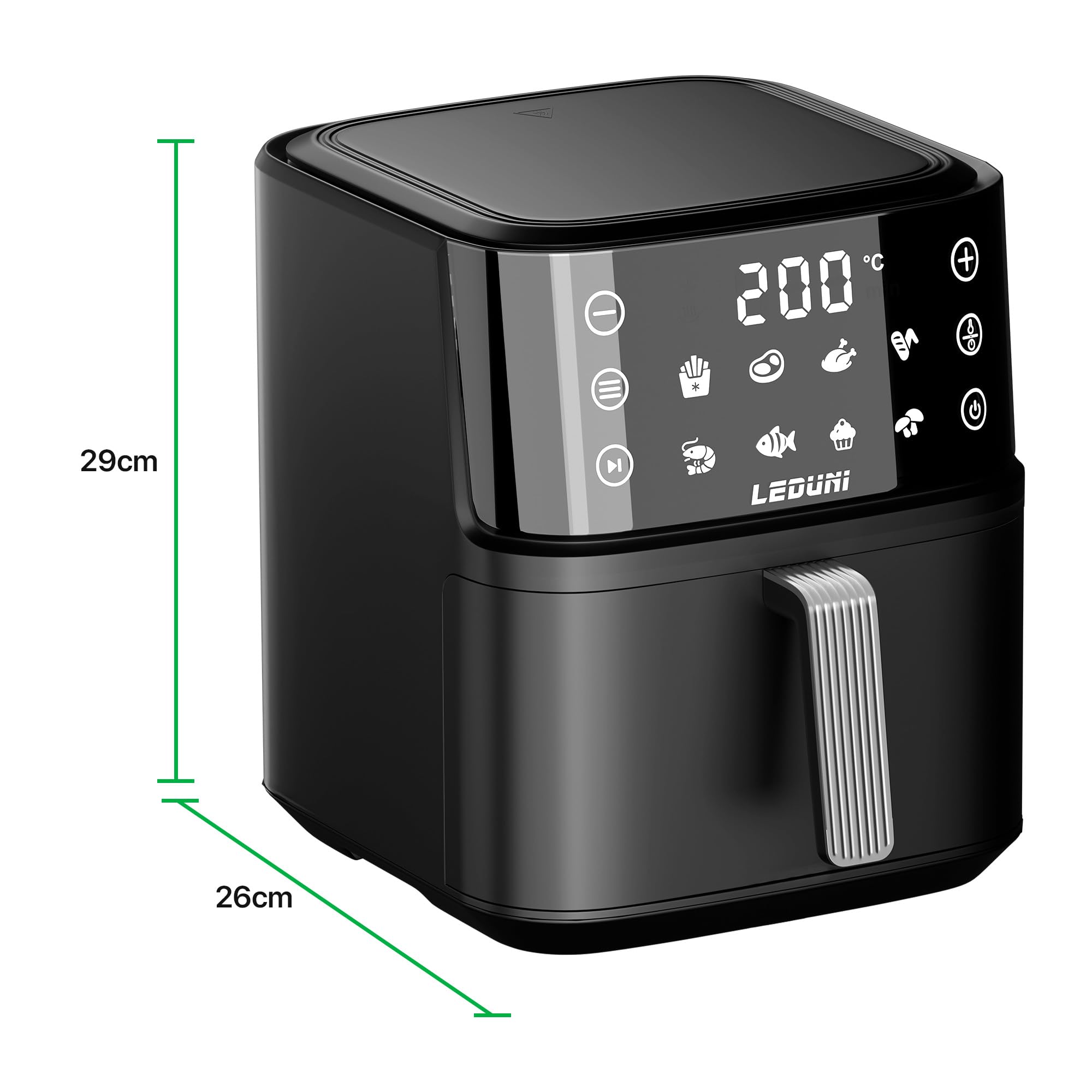 Aire freidora sin aceite Digital, Panel Táctil LED, 8 Modos de Cocción, Control de Temperatura, Control Táctil, Tecnología Air Fryer, 80-200ºC Negro (7.6L)