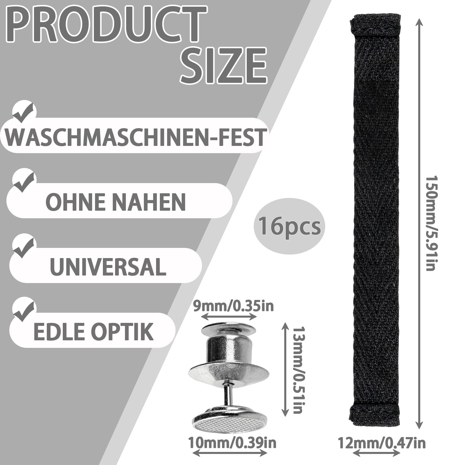 16 Pezzi Ganci per Tessuti Senza Cuciture Appendi Strofinacci Cucina 15 * 1.2cm con Chiusura a Bottone Ganci per Asciugamani Clip Per Asciugamani,Bagno,Stracci,Decorazione,Campeggio(Nero)