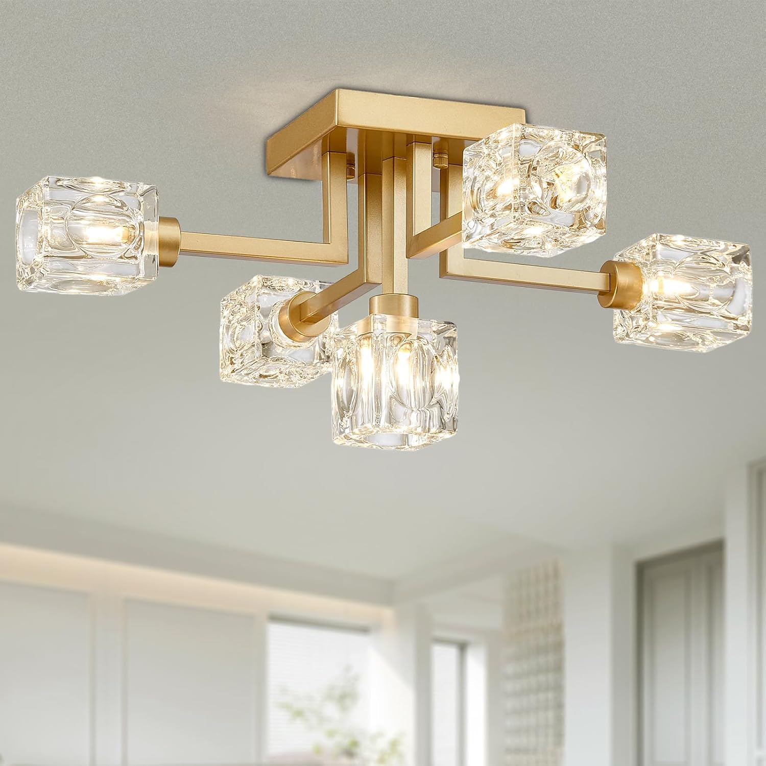 Semi Flush Mount Ceiling Light Glass 5 Lights Gold Modern Sputnik Chandelier Farmhouse Lighting Fixtures for Dining Room Living Room Kitchen Bedroom