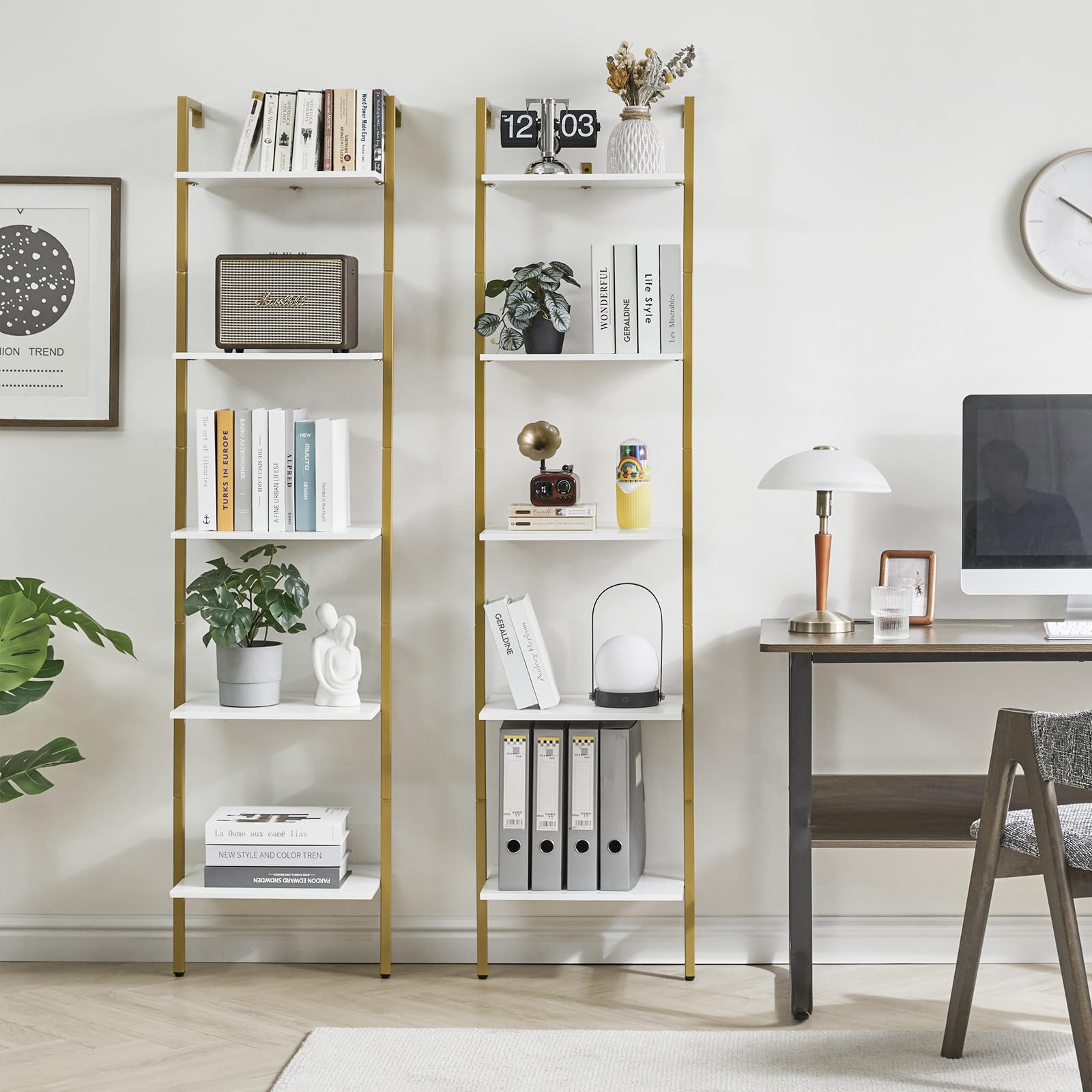 YMYNY Estantería Escalera, Estantería de 5 Niveles, Librería de Pie para Sala Estantería de Almacenaje, para la Sala de Estar, Oficina, Dormitorio, 40 x 30 x 178CM, Blanco HBC015W