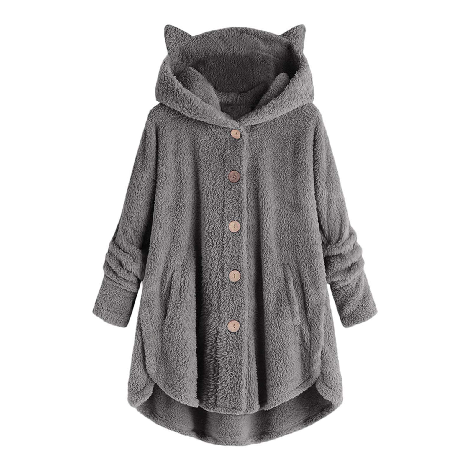 Teddymantel Damen Lang Fleecejacke Mit Kapuze Ohren Wintermantel Warm