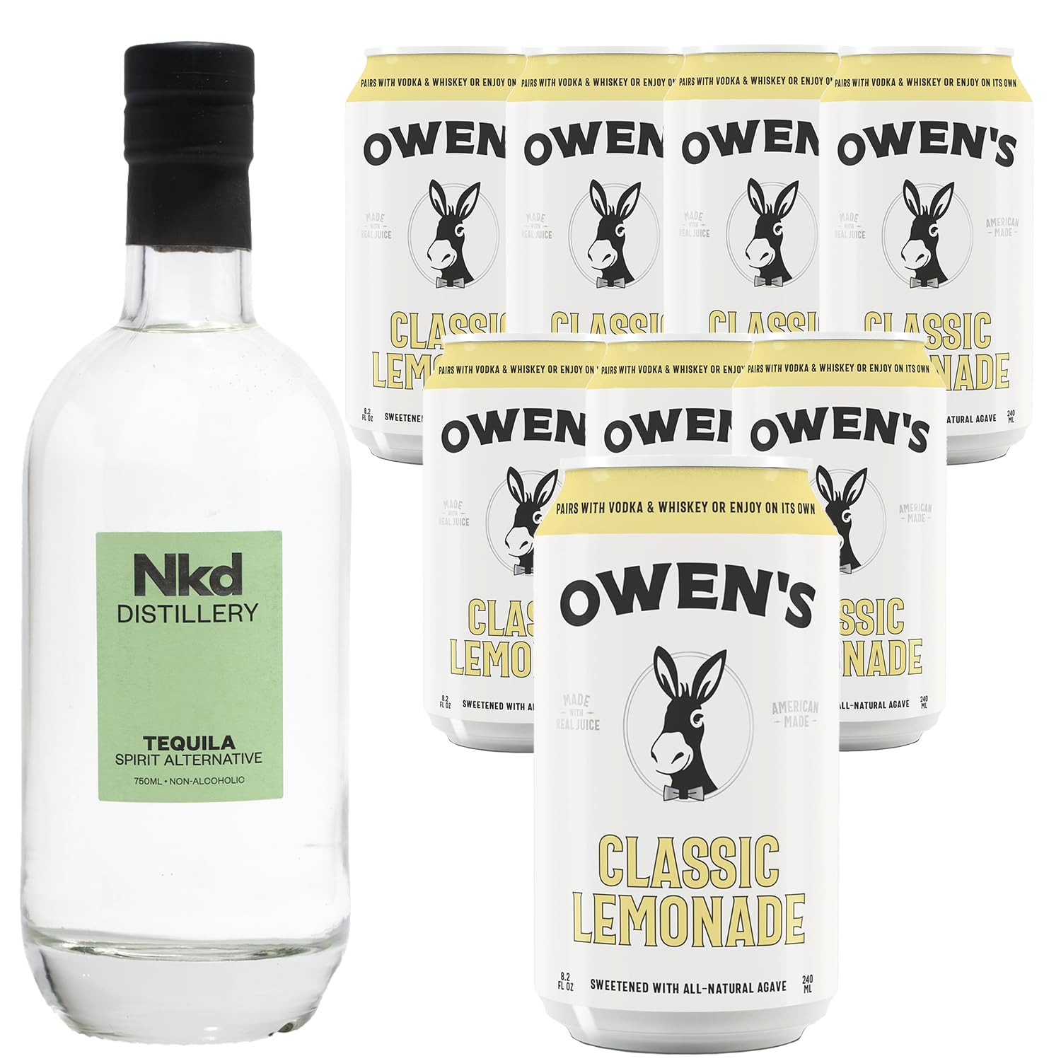 Nkd Distillery Tequila Alternative Premium Non-Alcoholic Spirit 750 ML Bottles w Owen’s Mixers Lemonade 8.2 OZ Cans - Perfect for Mocktails - Made in USA