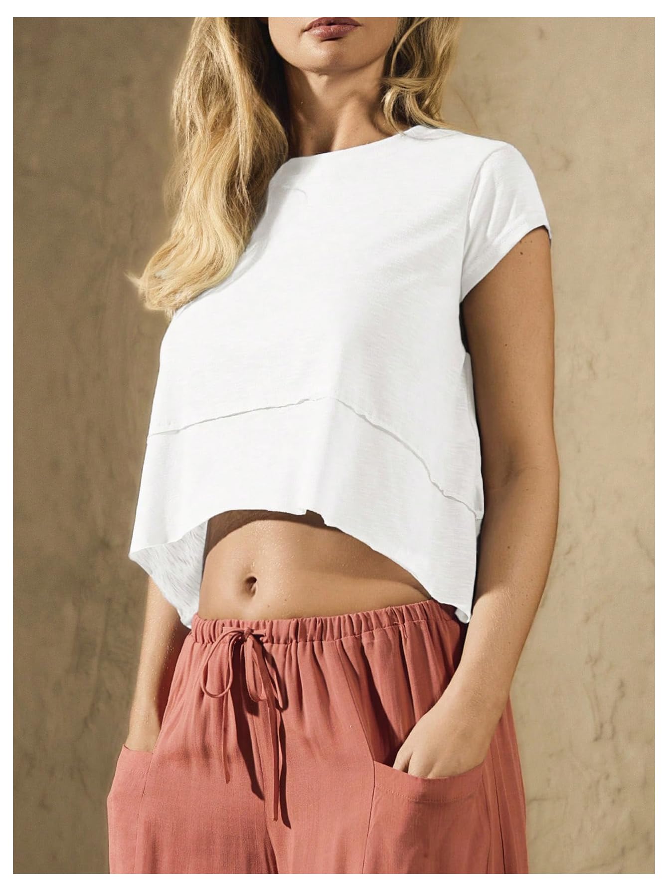 Camisetas deportivas para mujer, manga casquillo, cuello redondo, asimétrica, ajuste holgado, ombligueras de verano — view 4