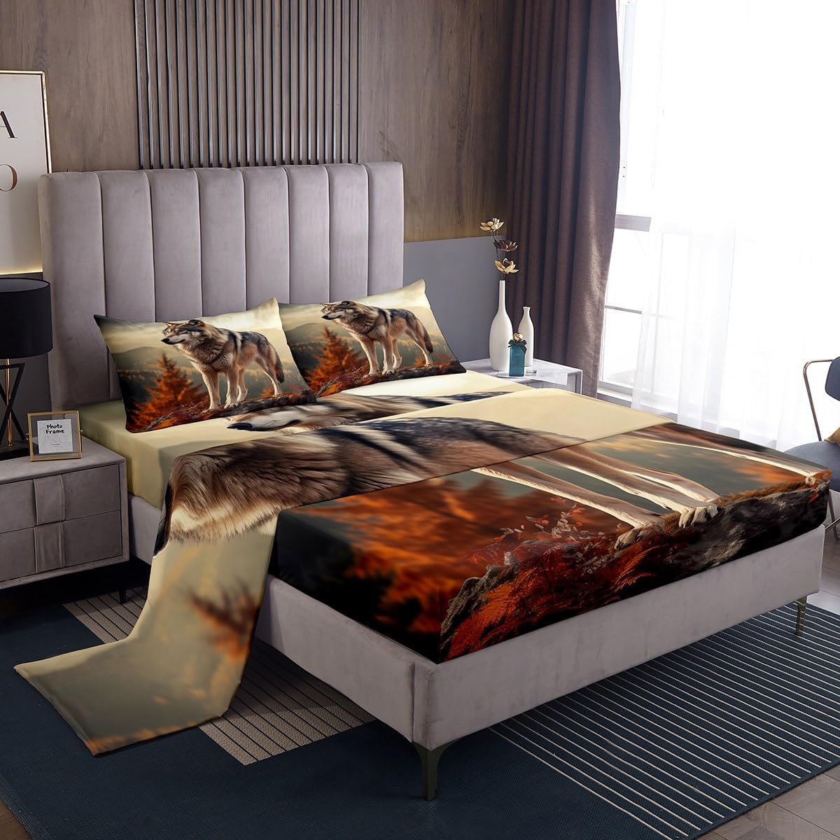 Highland Cattle Sheet Set Queen Size Daisy Flowers Bedding Set 4Pcs Barn Door Wooden Stripes Bed Sheet Room Decor Farm Cow Animal Fitted + Flat Sheet,2 Pillowcases