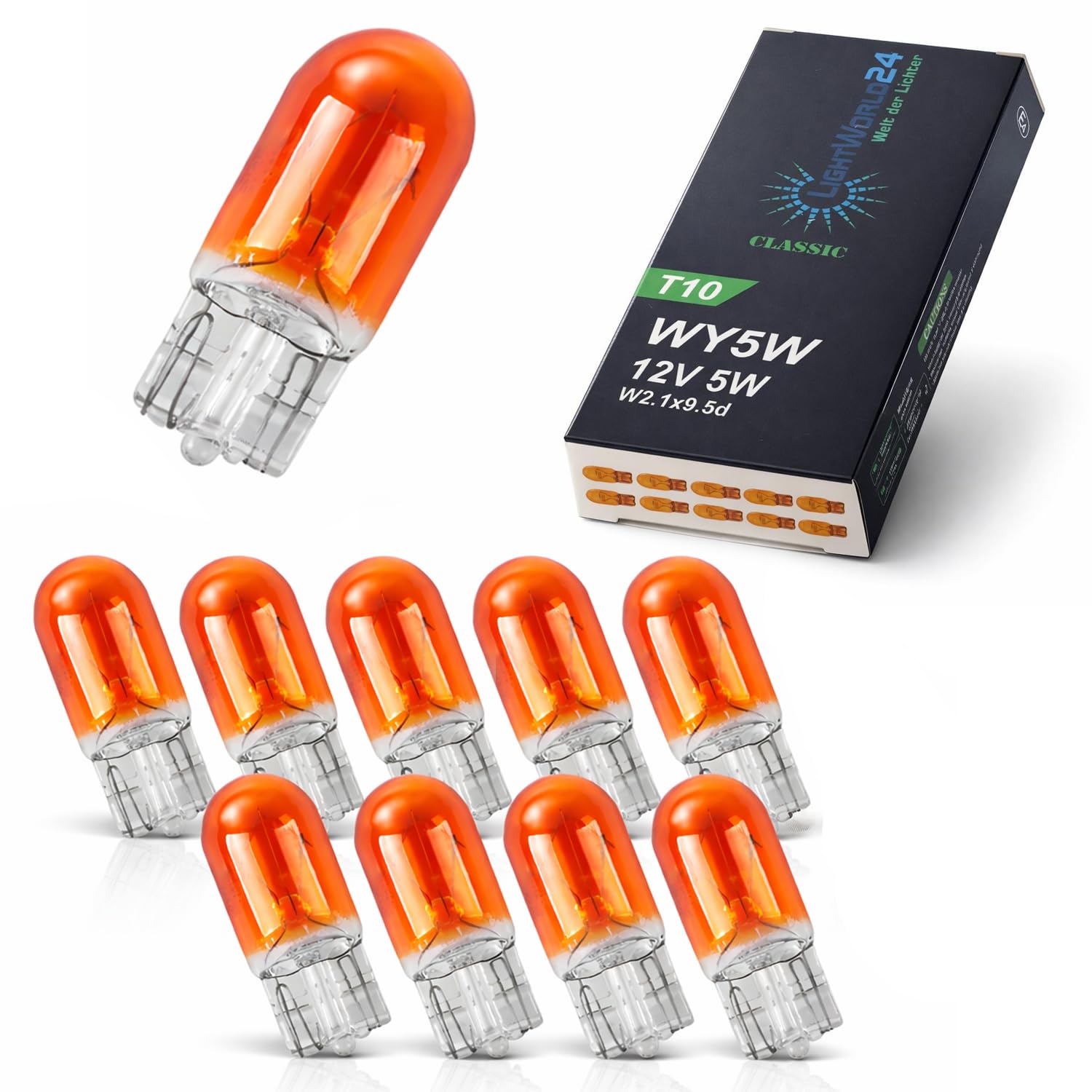 LIGHTWORLD24 10 x WY5W T10 12V 5W 5 Watt Blinker Lampe Sockel 2.1x9.5d Glassockellampe Signallampe AMBER Glühlampe Seitenlinker Blinklicht Gelb ORANGE
