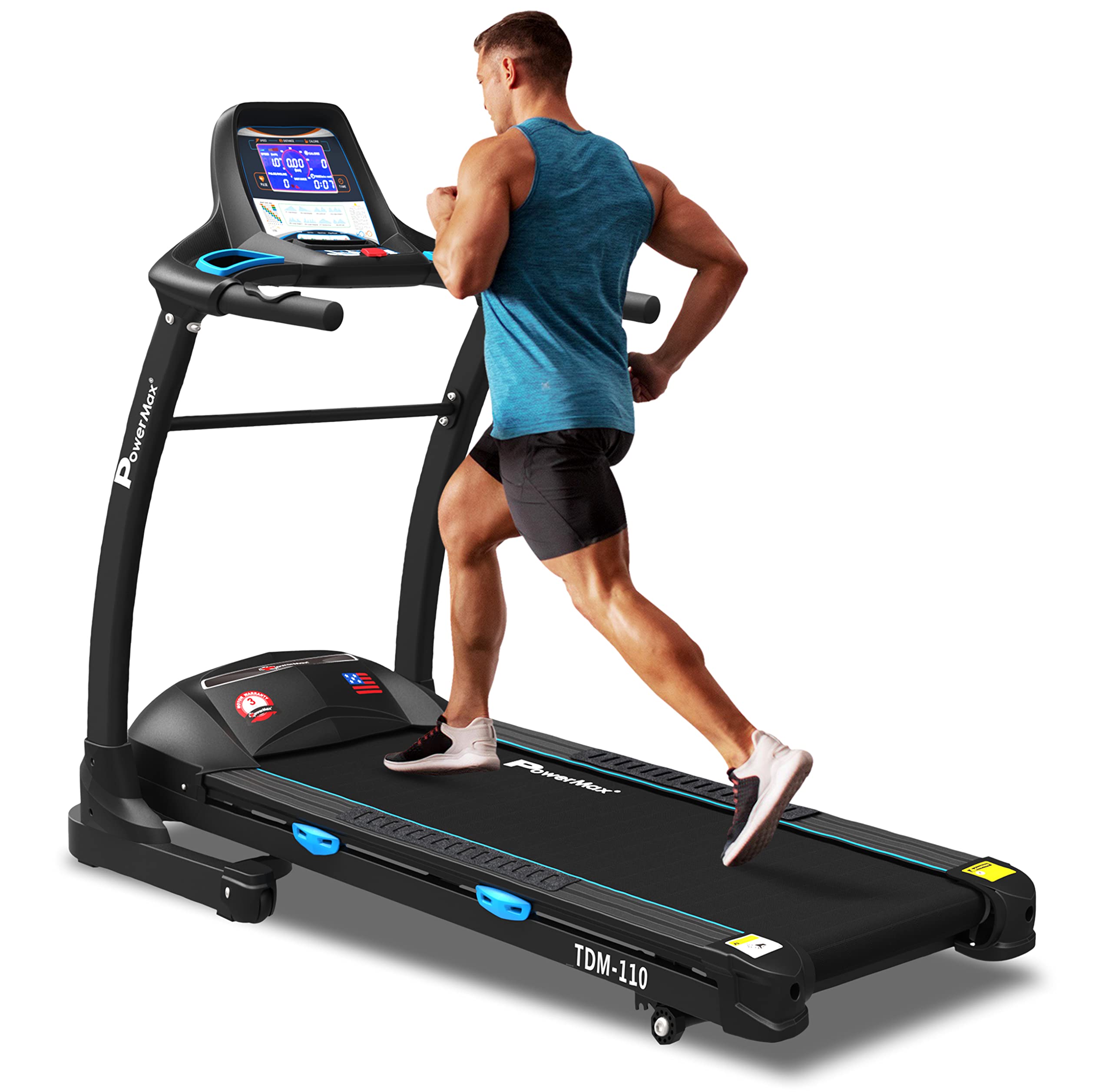 PowerMax Fitness TDM-110 (4HP Peak) Motorized Foldable Treadmill for Home Use | Manual Incline Treadmill for Max user 110Kg | Top speed 16km/hr, LCD vivid color display, AUX, USB, Speaker, Ipad holder