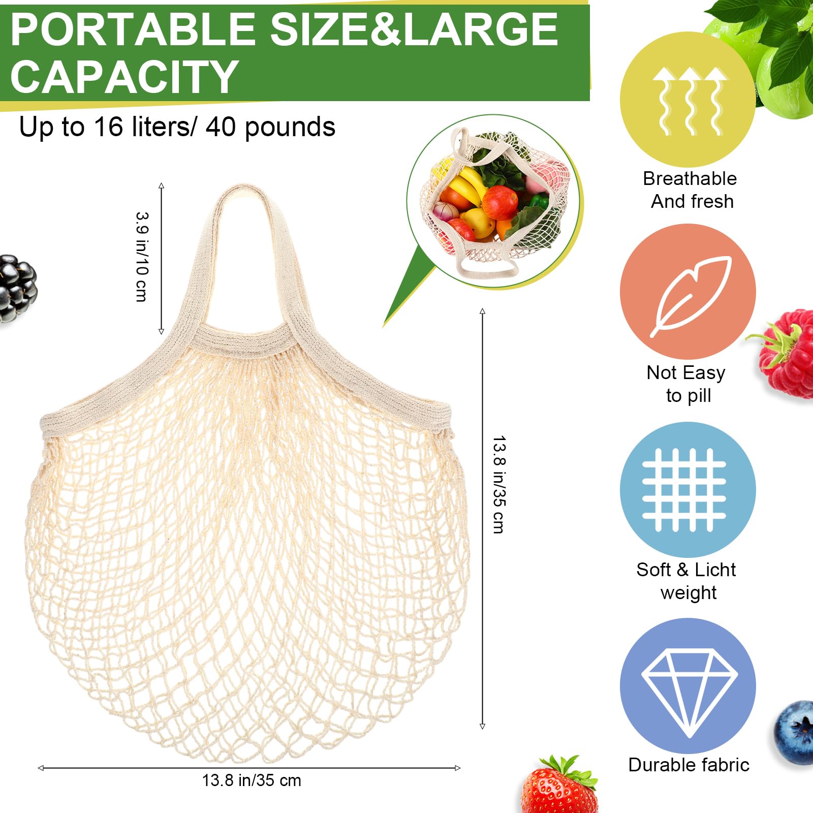 Paterr Paquete de 50 bolsas reutilizables de malla de algodón para comestibles, lavables a granel, bolsas de red para productos, bolsas de compras portátiles con asa para almacenamiento de frutas