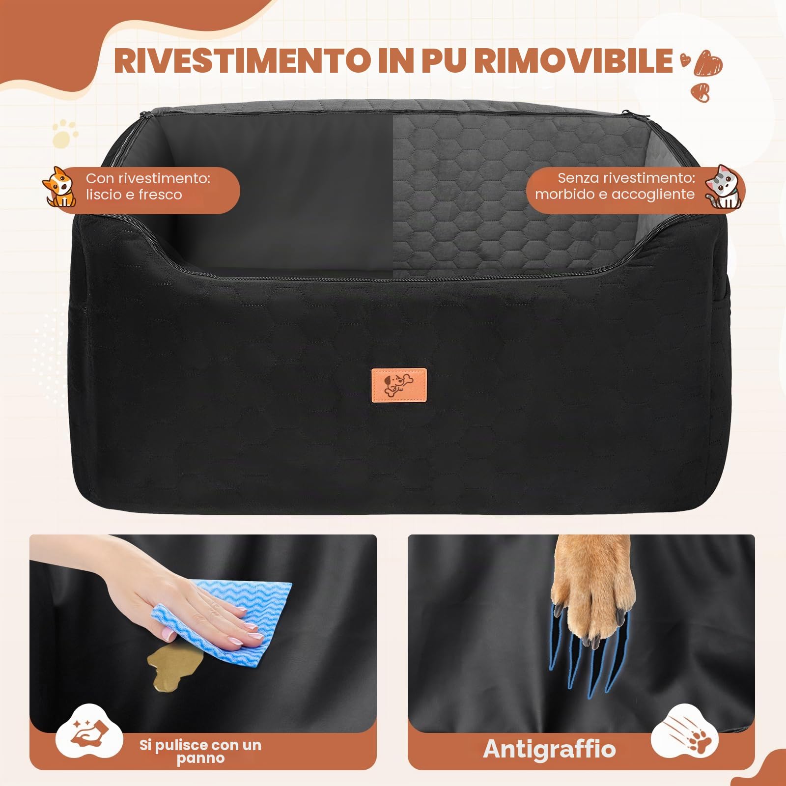 Seggiolino Auto per Cani 78x55x53cm, Rialzo Rimovibile e Lavabile per Cani di Taglia Media e Grande, Guinzaglio Incluso, Seggiolino Cane Auto più Pesanti (con Rivestimento in Pelle Impermeabile)