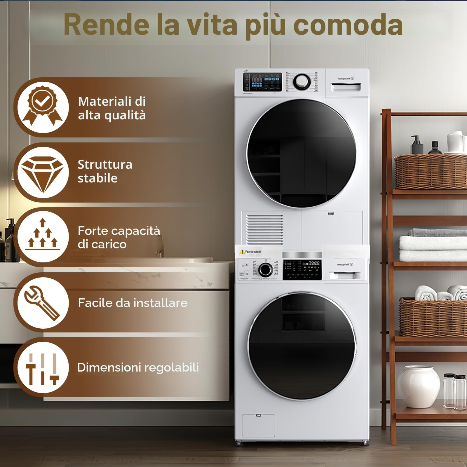 Zikenis Kit di Sovrapposizione Universale per Lavatrice e Asciugatrice con Cinghie a Cricchetto, Regolabile 45-70cm Kit di Accatastamento per Lavatrici, Telaio Intermedio per Lavatrice e Asciugatrice