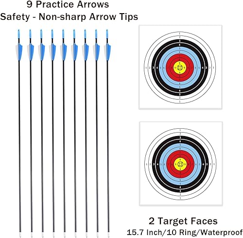 Miniatura 3 de Juego de arco y flecha de 45 pulgadas para niños, regalo para principiantes con 9 flechas, 2 caras de objetivo, 1 protector de brazo y 1 carcaj, kit