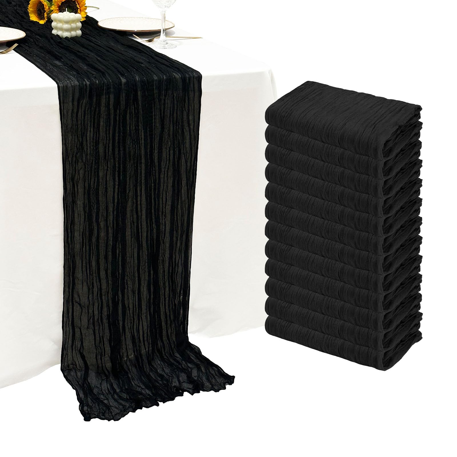 Photo 1 of 12Pack Black Table Runner 10Ft Cheesecloth Table Runner Boho Gauze Table Runners Long Cheese Cloth Table Runners for Wedding Party Bridal Shower Thanksgiving Christmas