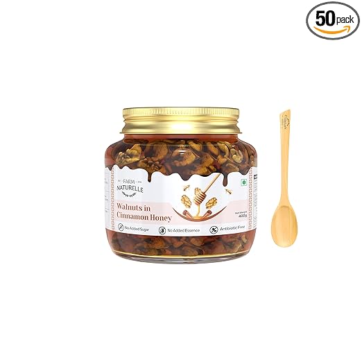 Farm Naturelle-Walnuts-Akhrot (Dry Fruit) in Cinnamon Infused Wild Forest Honey-A Gift for your loved ones-400GM (Glass Bottle)