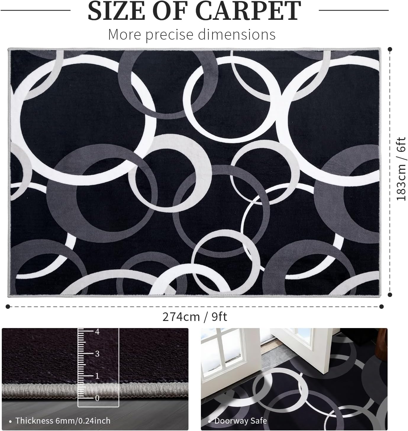 YIHOUSE 6x9 Ft Area Rugs, Concentric Circle Carpet Washable Rug, Black and White Geometric Design Rug for Spacious Living Rooms, Master Bedrooms, Dining Room, Home Office Decor, Nonslip Non-Shedding