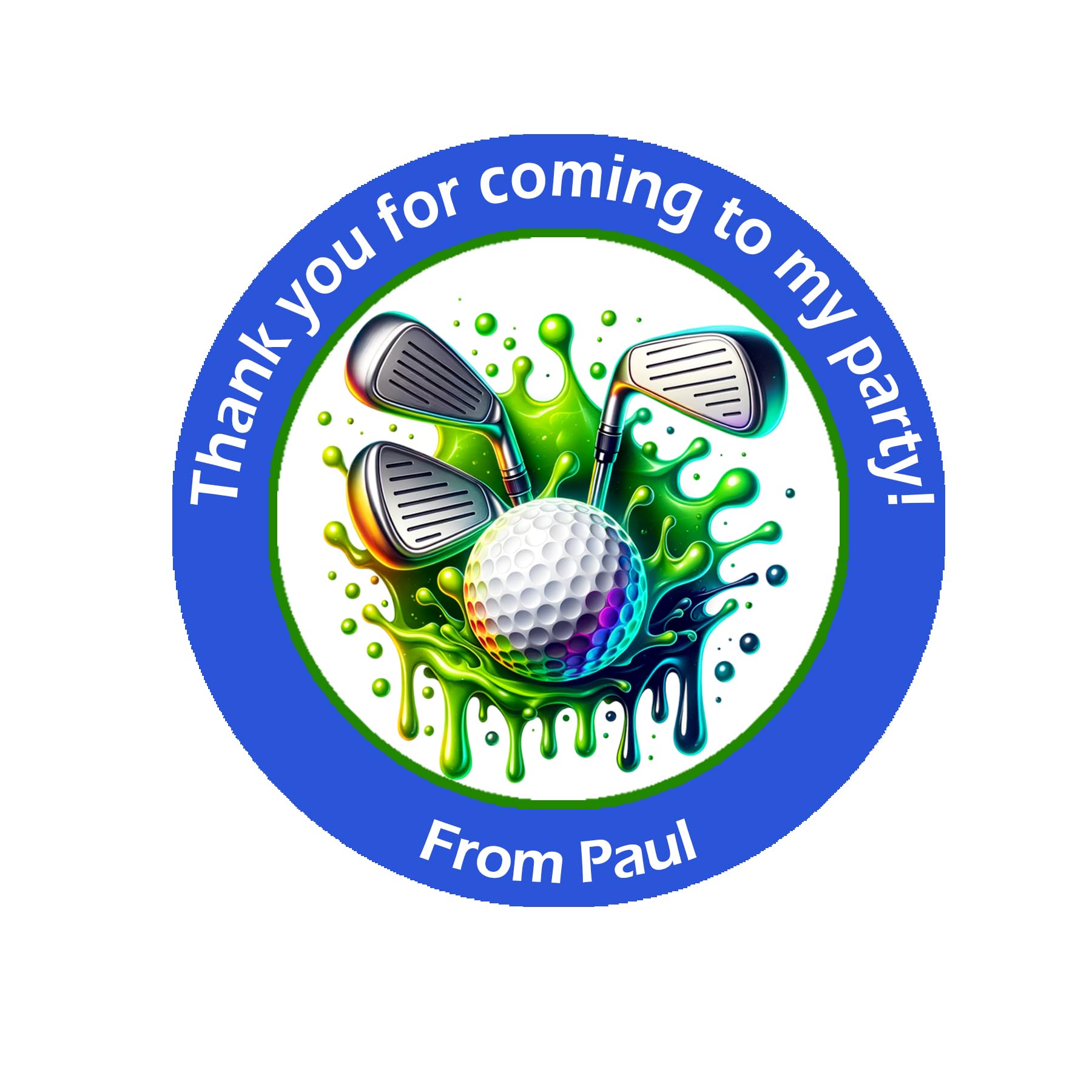 Personalised Golf Party Stickers – 45mm Round Labels for Party Bags, Favours or Sweet Cones – Golf Themed Birthday Decoration - 24 Blue Golf Stickers