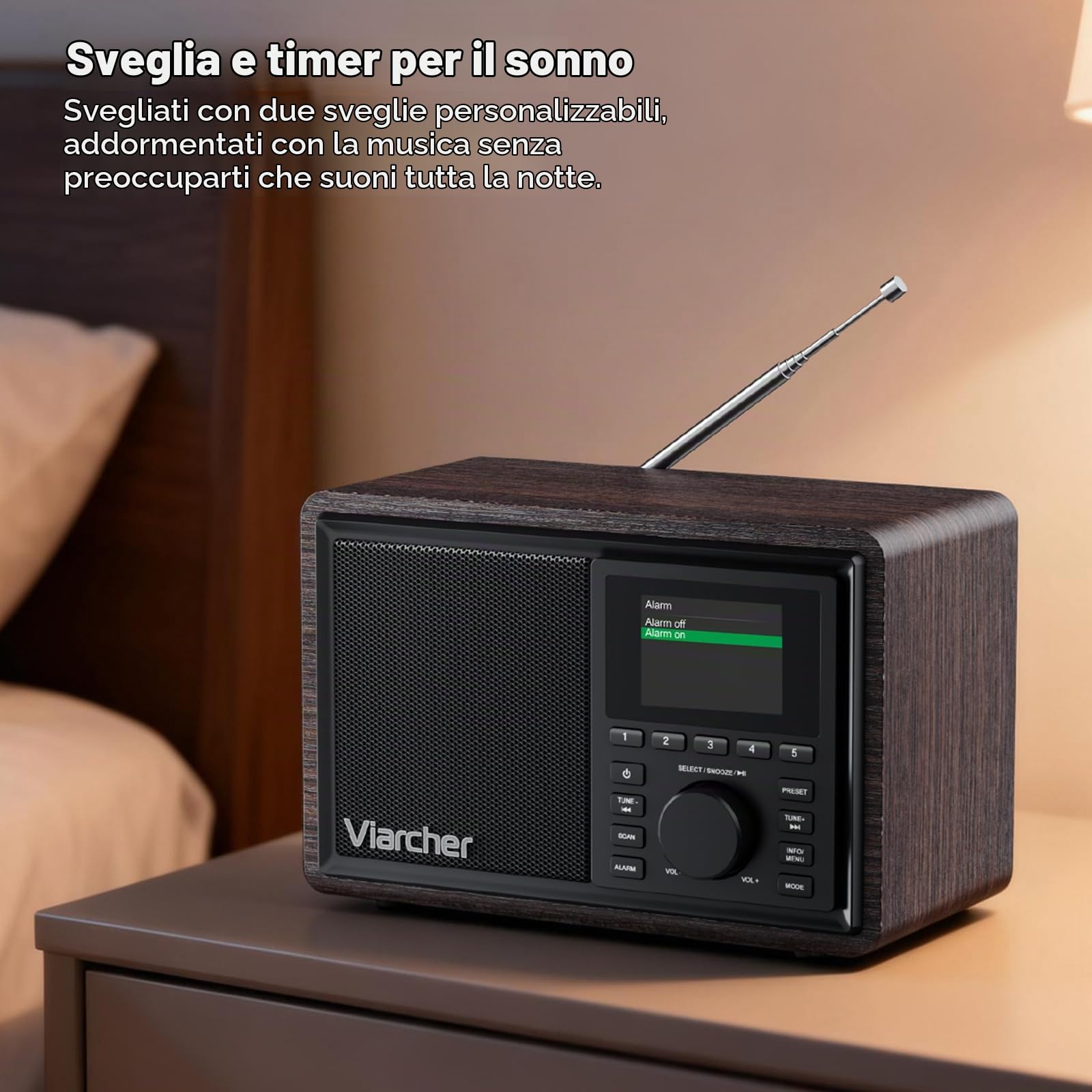 DAB/DAB+ e Radio FM Digitale con Bluetooth, doppia sveglia, timer di spegnimento, 60 preset, AUX IN, jack cuffie, display a colori 2.4'', radio da cucina per casa, noce