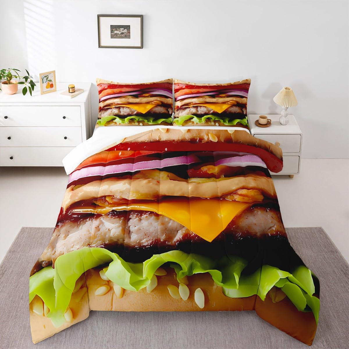 Hamburgers Comforter Queen Size, Giant Funny Food Comforter Set for Kids Toddler Novelty Weird Bedding Set Realistic Food Duvet Set Breathable Room