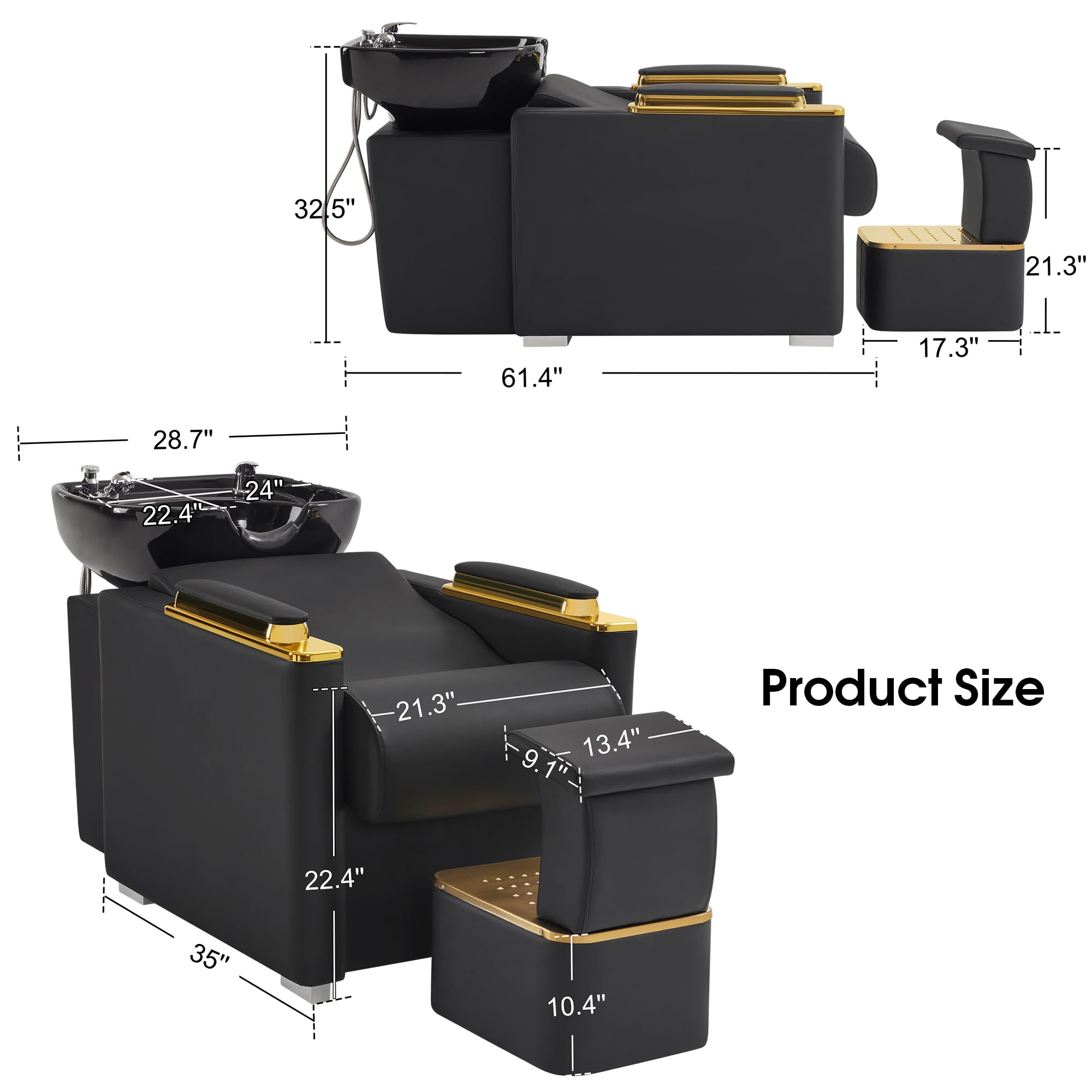 BarberPub Backwash Shampoo Station Chair with Porcelain Ceramic Hair Wash Bowl, Vacuum Breaker, Professional Black&Gold Shampoo Chair and Bowl Unit for Salon and Spa 8613 (Black)