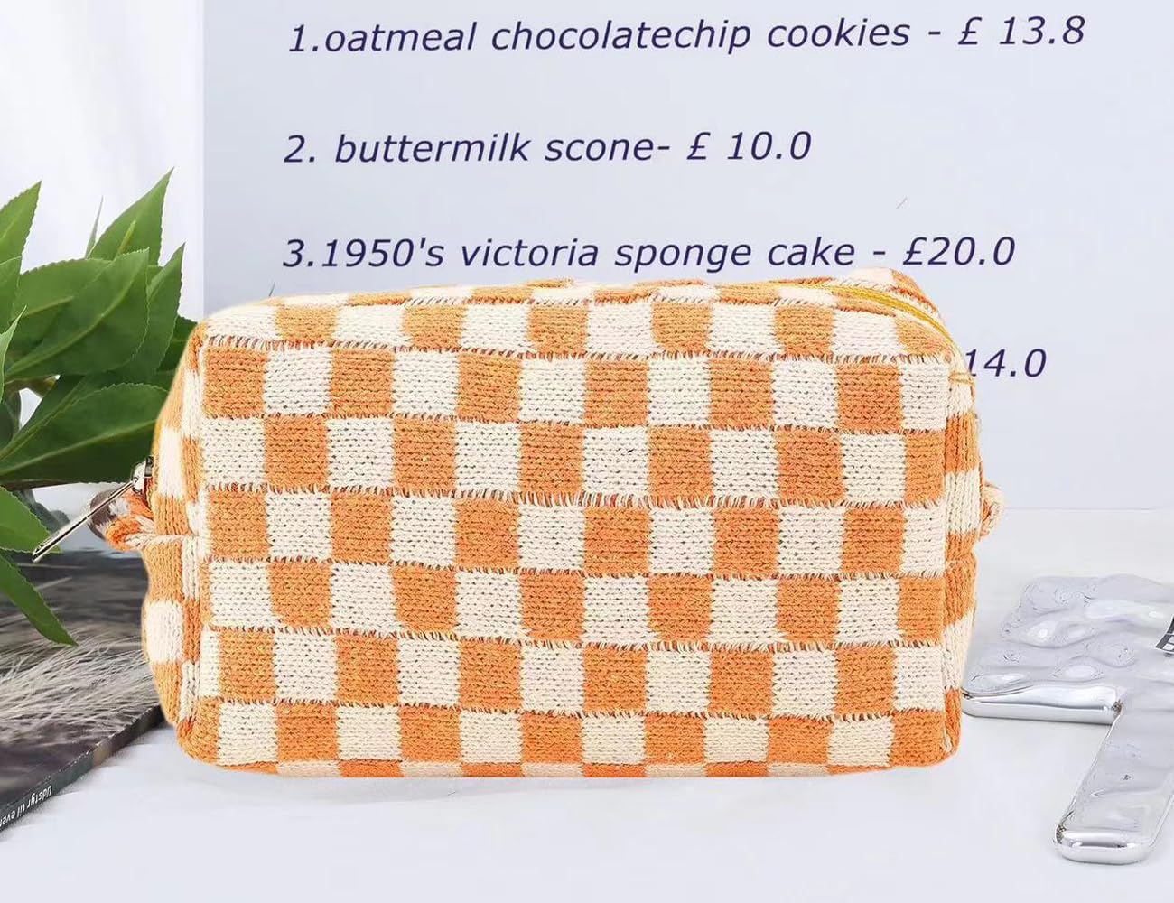 SxoSyo 2 Pcs Cosmetic Bags for Women Makeup Bag Purse Travel Toiletry Zipper Storage Pouch Make up Brushes Organizer for Gifts (Checkered, Orange 2)