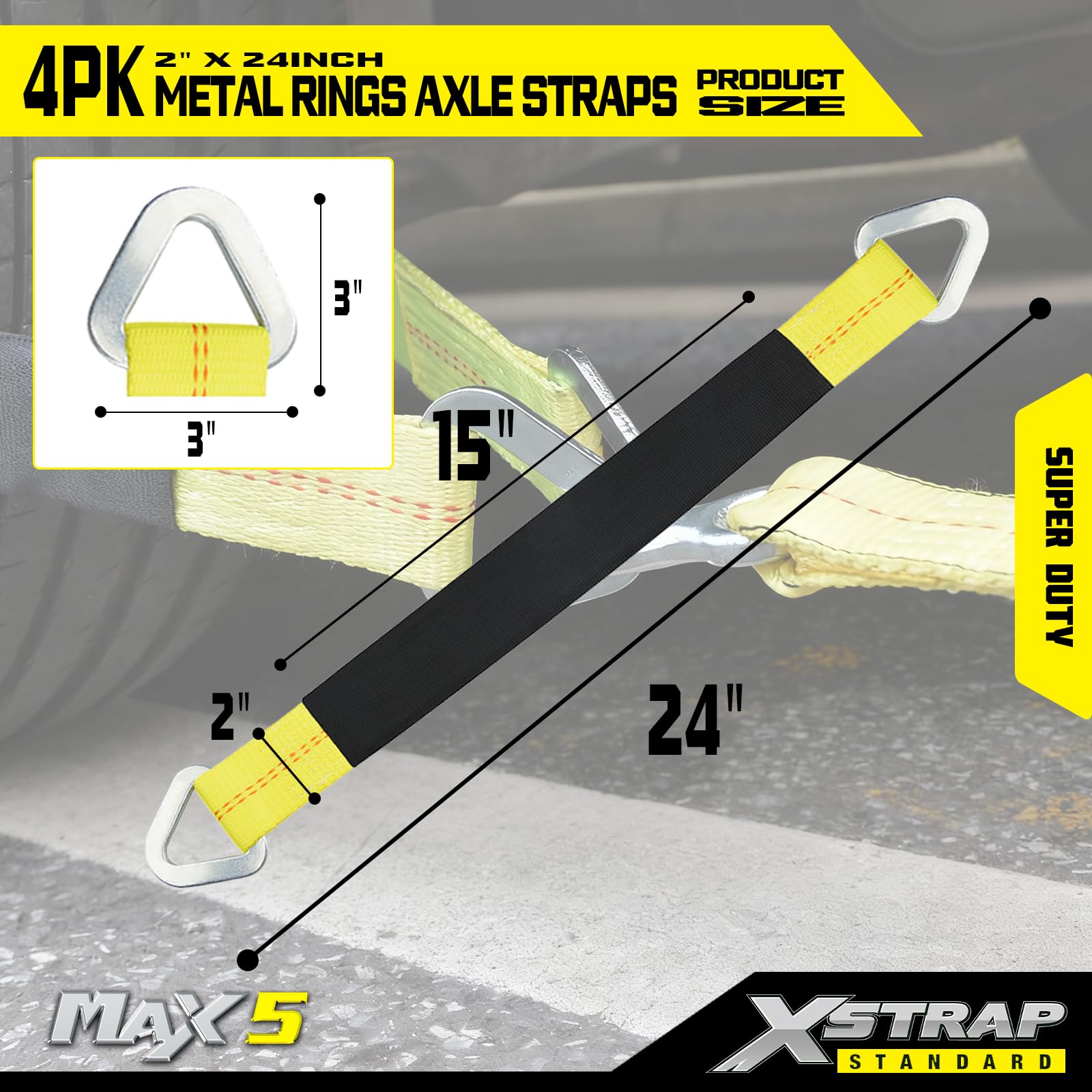 XSTRAP 4 sztuki 61 x 5 cm pasek na oś z tuleją ochronną i pierścieniem D do zabezpieczenia transportu samochodu, paski do mocowania osi - 1,511 kg, pojemność 10 000 wytrzymałości na rozerwanie