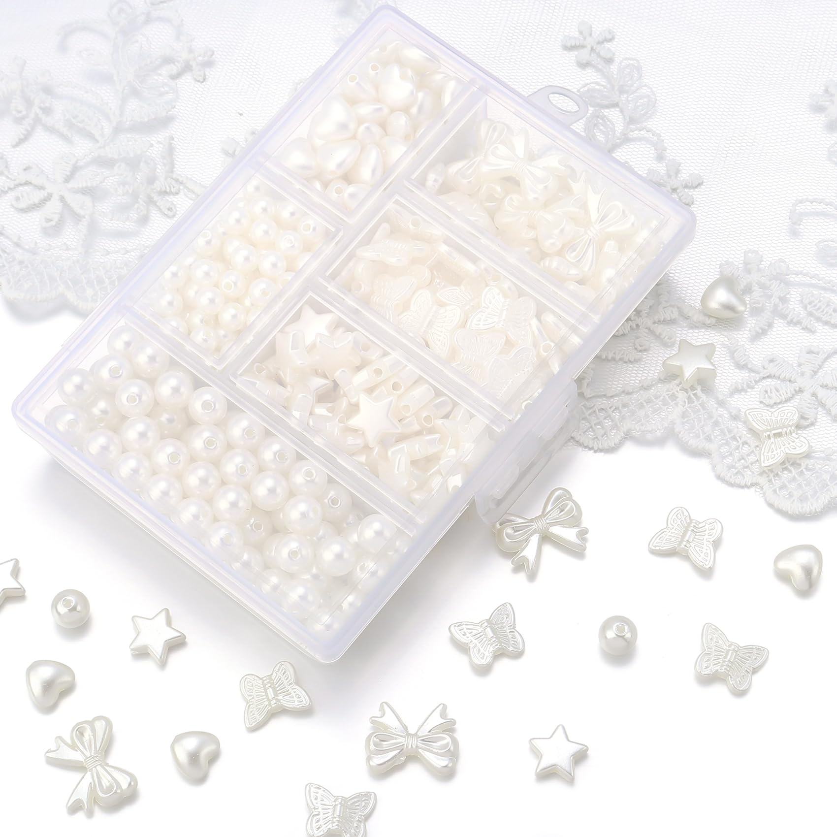 Forise 400Pcs ABS Imitation Pearl Beads Loose White Heart Bow Bowtie Bowknot Butterfly Aesthetic Beads for Jewelry Making Bracelets Necklace Earrings