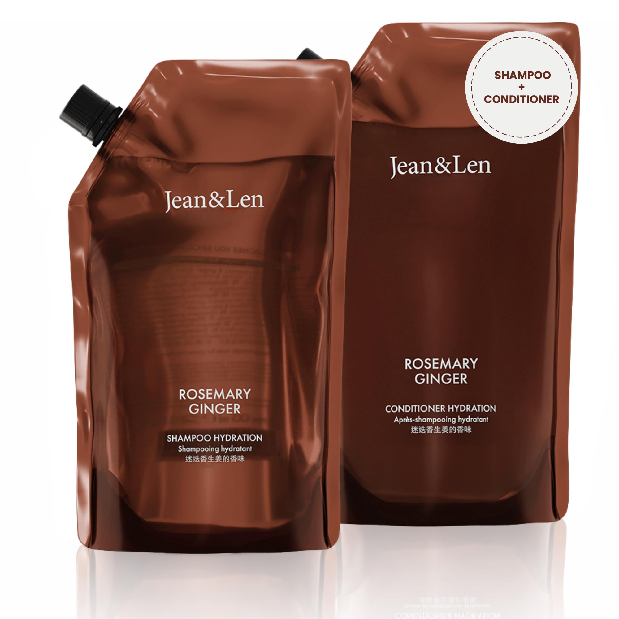 Jean & Len hair care refill set Rosemary & Ginger for dry and dull hair, moisturising shampoo and conditioner refill pack in a set, spicy-fresh rosemary & ginger fragrance, 2 x 600ml