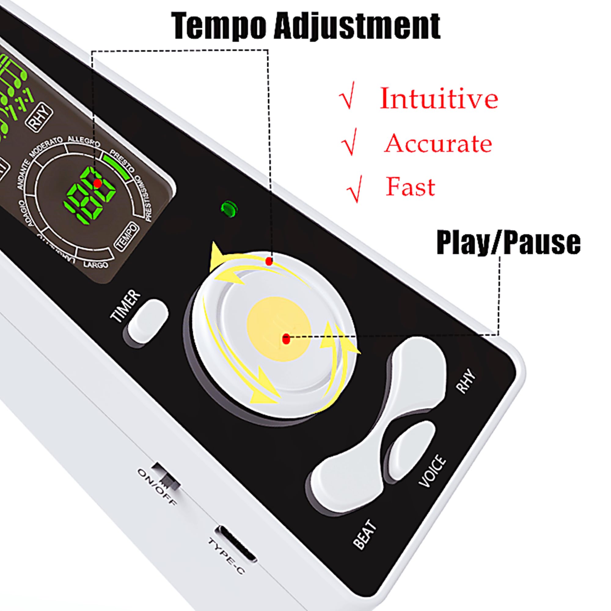 Digital Metrónomo, Ritmo Preciso, voz Humana, Pantalla de Alta Definición, Apto para Guitarra española, Piano, Violín, Saxofón, etc(DM-Blanco)