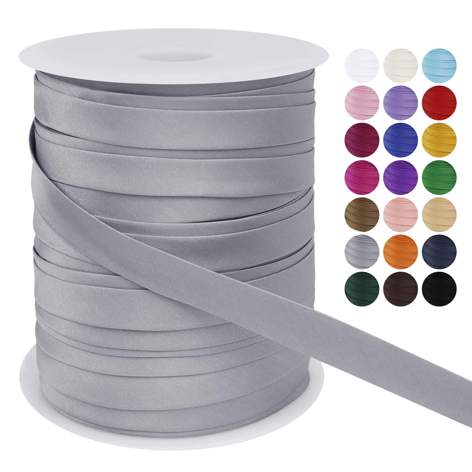 LEREATI Satin Bias Binding Tape for Sewing 3/5 Inch x 50m Sewing Bias Tape Double Fold, Upholstery Webbing Tape for Sewing, Bunting, Seaming, Quilting, Hemming (Silver Grey)