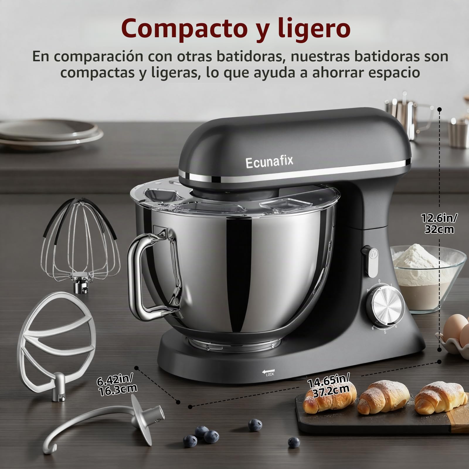 Batidora Amasadora 2000W 8L Robot de Cocina Amasador Multifunción | Bol de Acero Inoxidable, Batidor, Gancho para Masa, y Varillas, Raspador Protector Antisalpicaduras, 6+P Velocidades