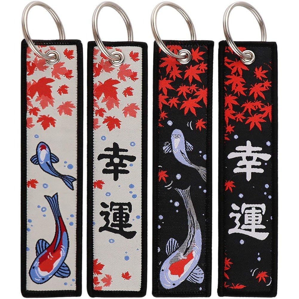 Luxylei As Shown 4Pcs Personalized Keychains, Japanese Wave Key Tag Embroidery Car Keyring, Fabric Embroidered Motorcycle Keychains For Motorcycles Bike