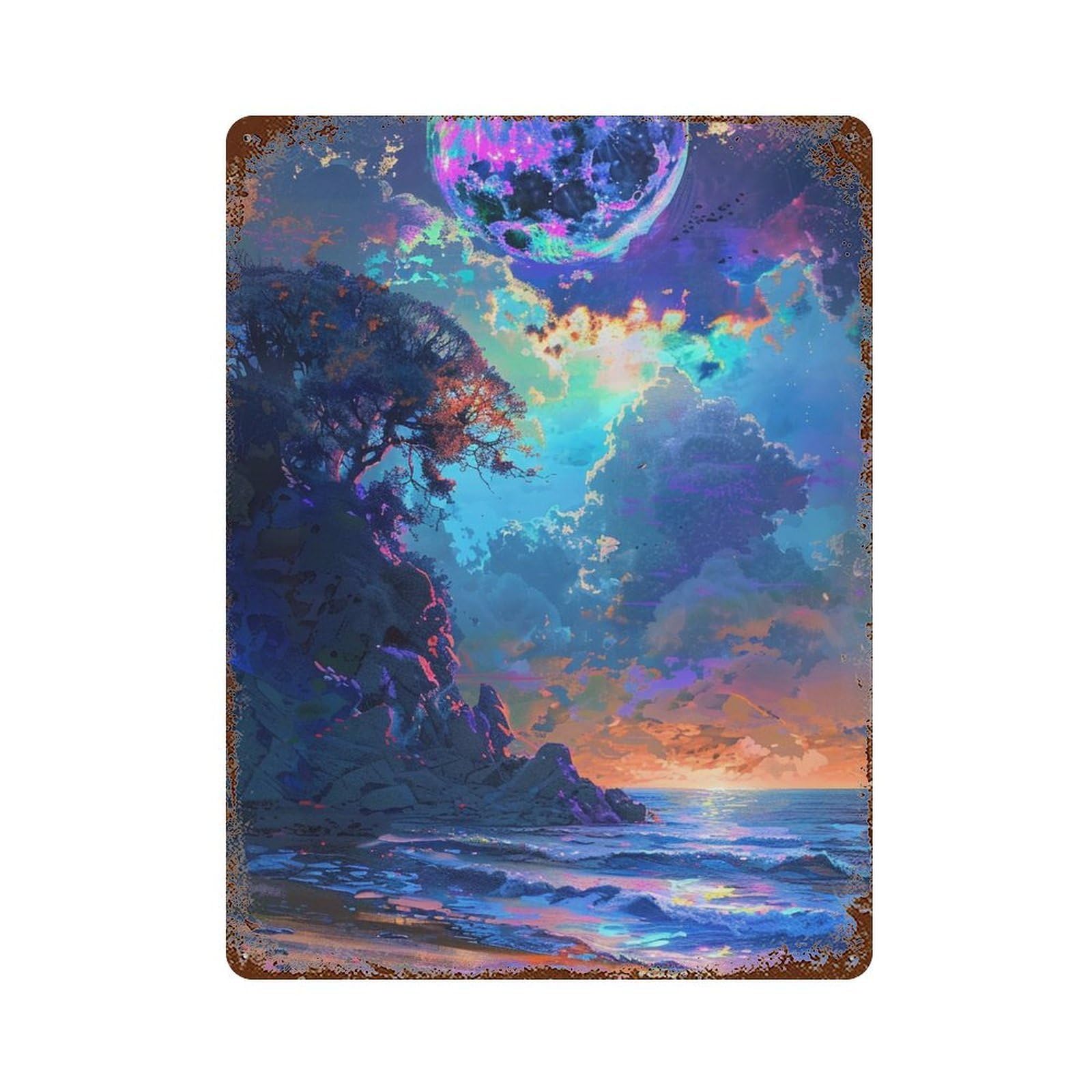 Fantasy Beach Sunset with Moon Rust Effect Tin Sign 15.7"x11.8", Vintage Wall Decor for Garage, Pub Or Kitchen